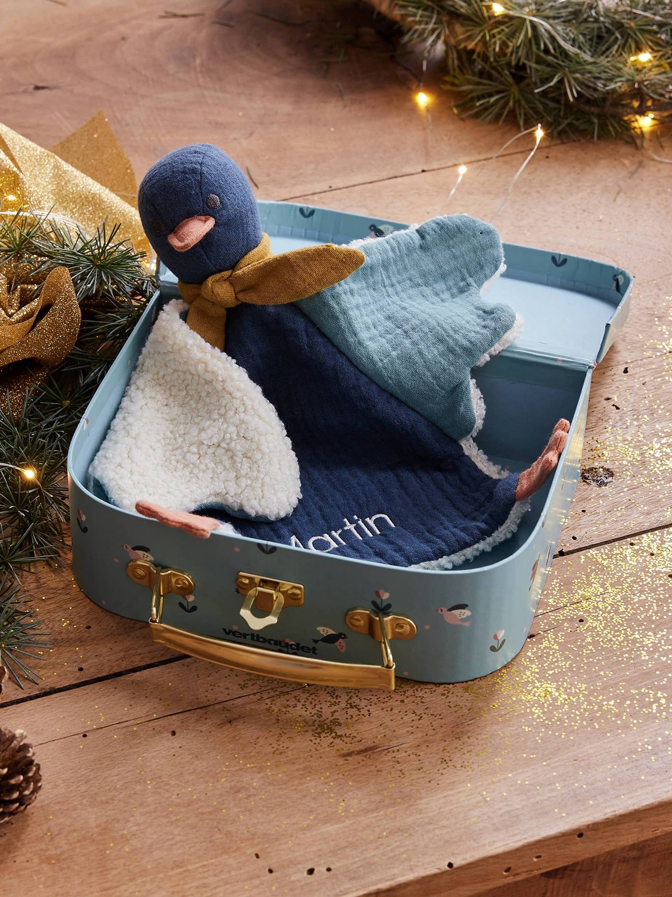 Baby Geschenk-Set: Vogel-Schmusetuch & Köfferchen, personalisierbar blau von vertbaudet