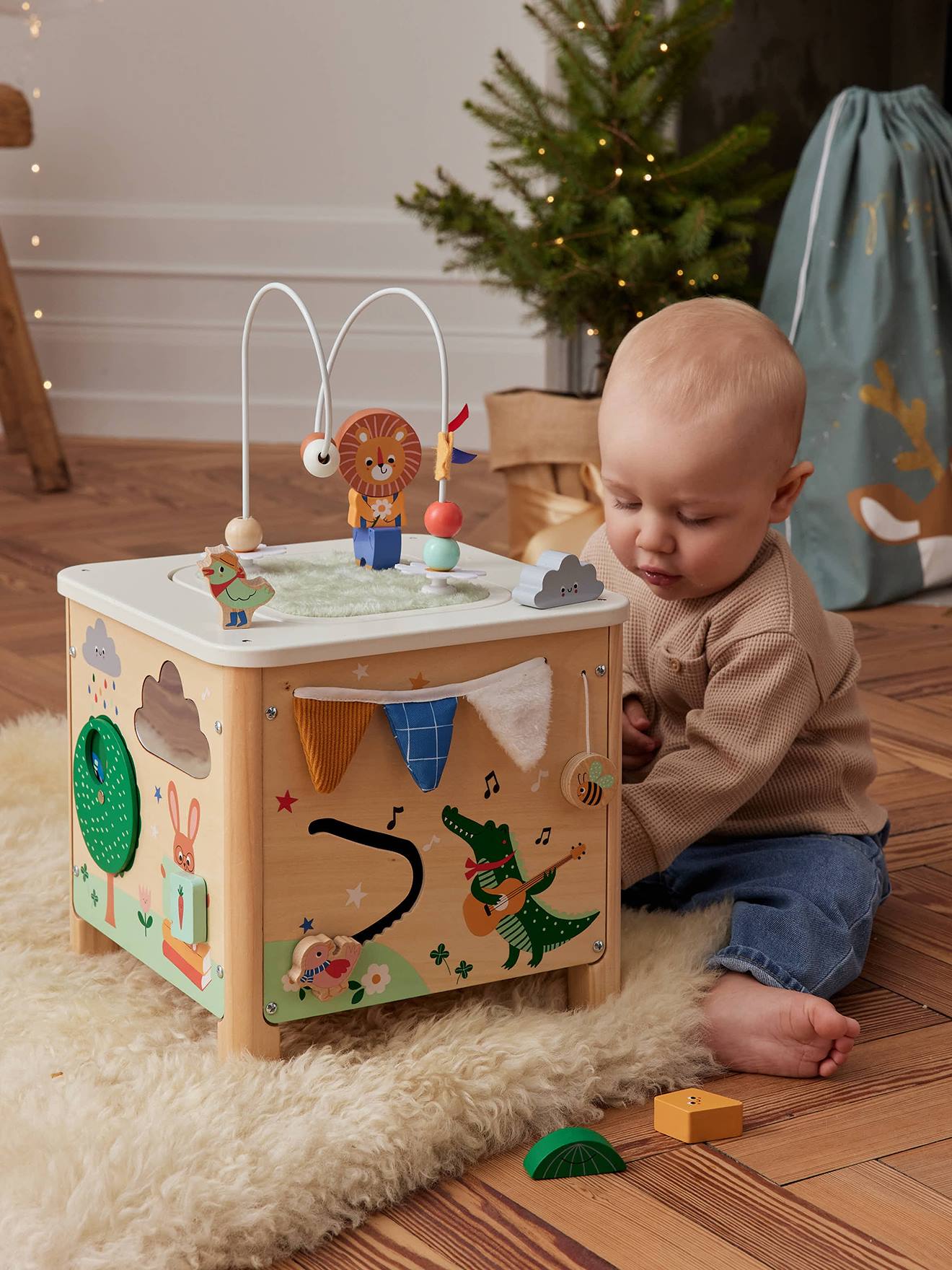 Baby Activity-Würfel aus Holz FSC/happy animals von vertbaudet
