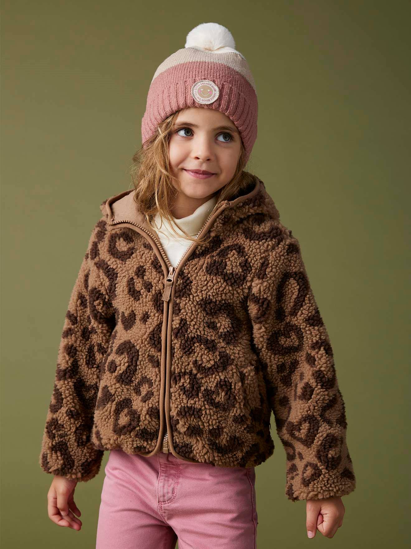 Übergangsjacke aus Teddyfleece mit Kapuze und Leopardenmuster Mädchen
