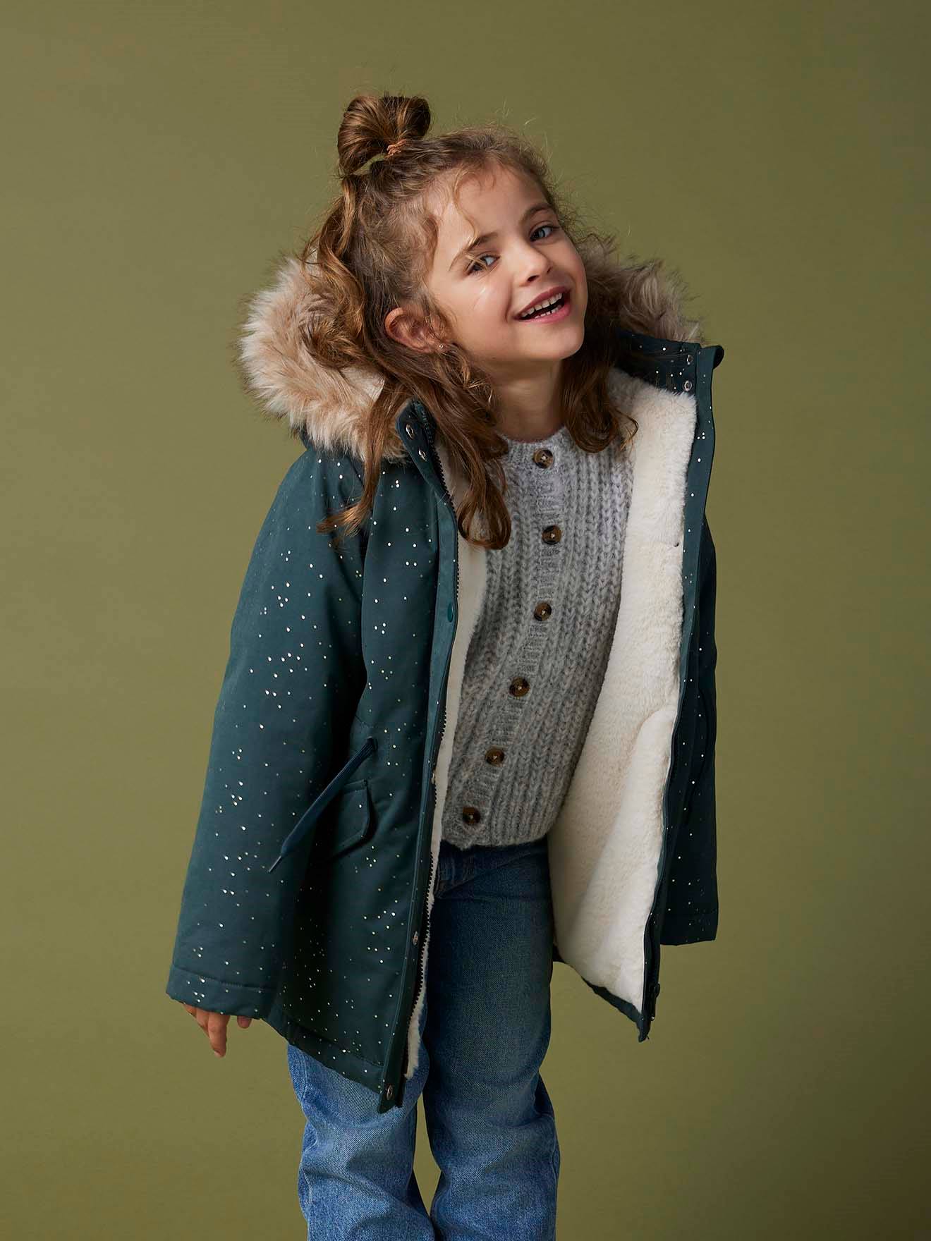 Thumbnail - Warme Mädchen Winterjacke mit Glitzer und Webpelz