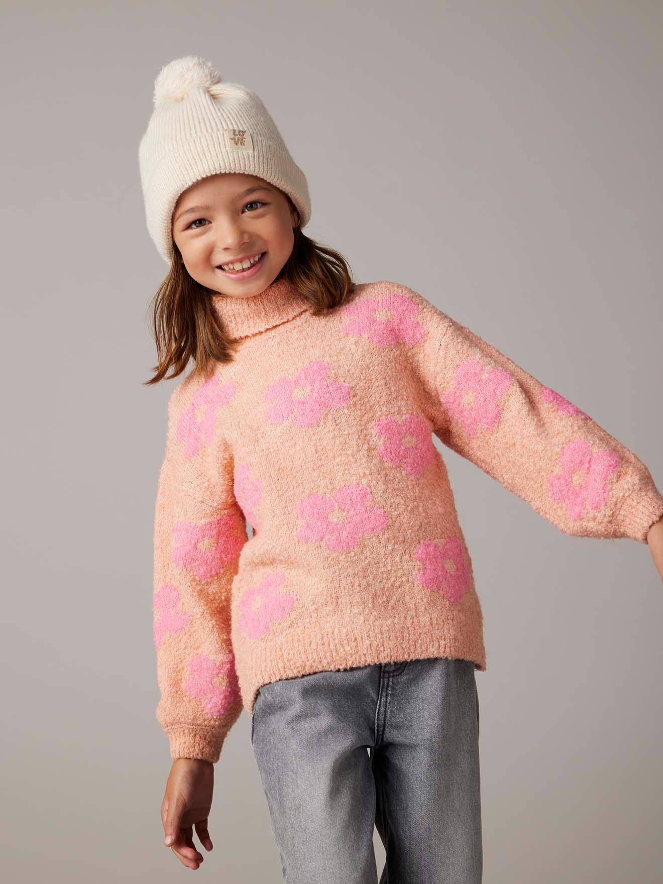 Vertbaudet Flauschiger Mädchen Rollkragenpullover Mit Muster Rosa 146/152