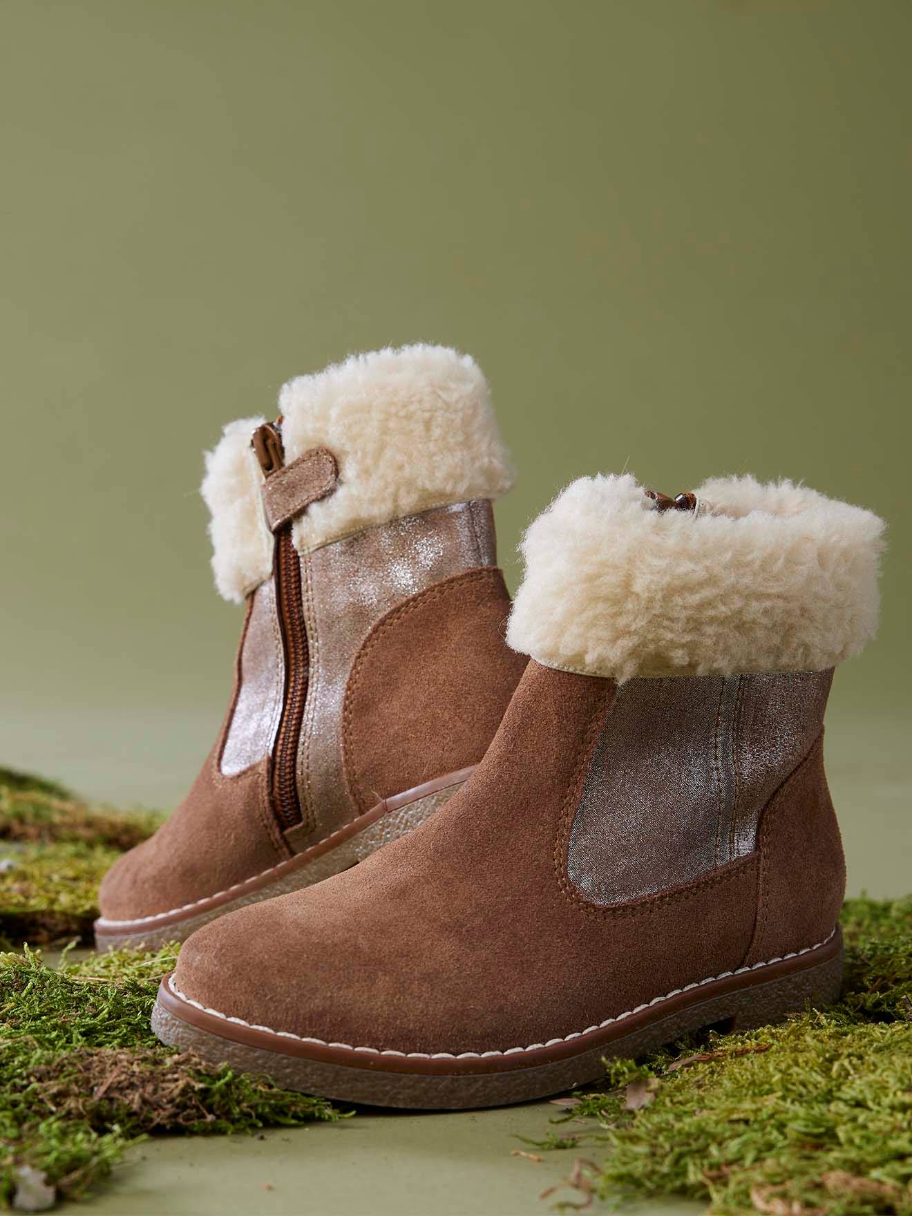Warme Mädchen Lederboots mit Reißverschluss camel