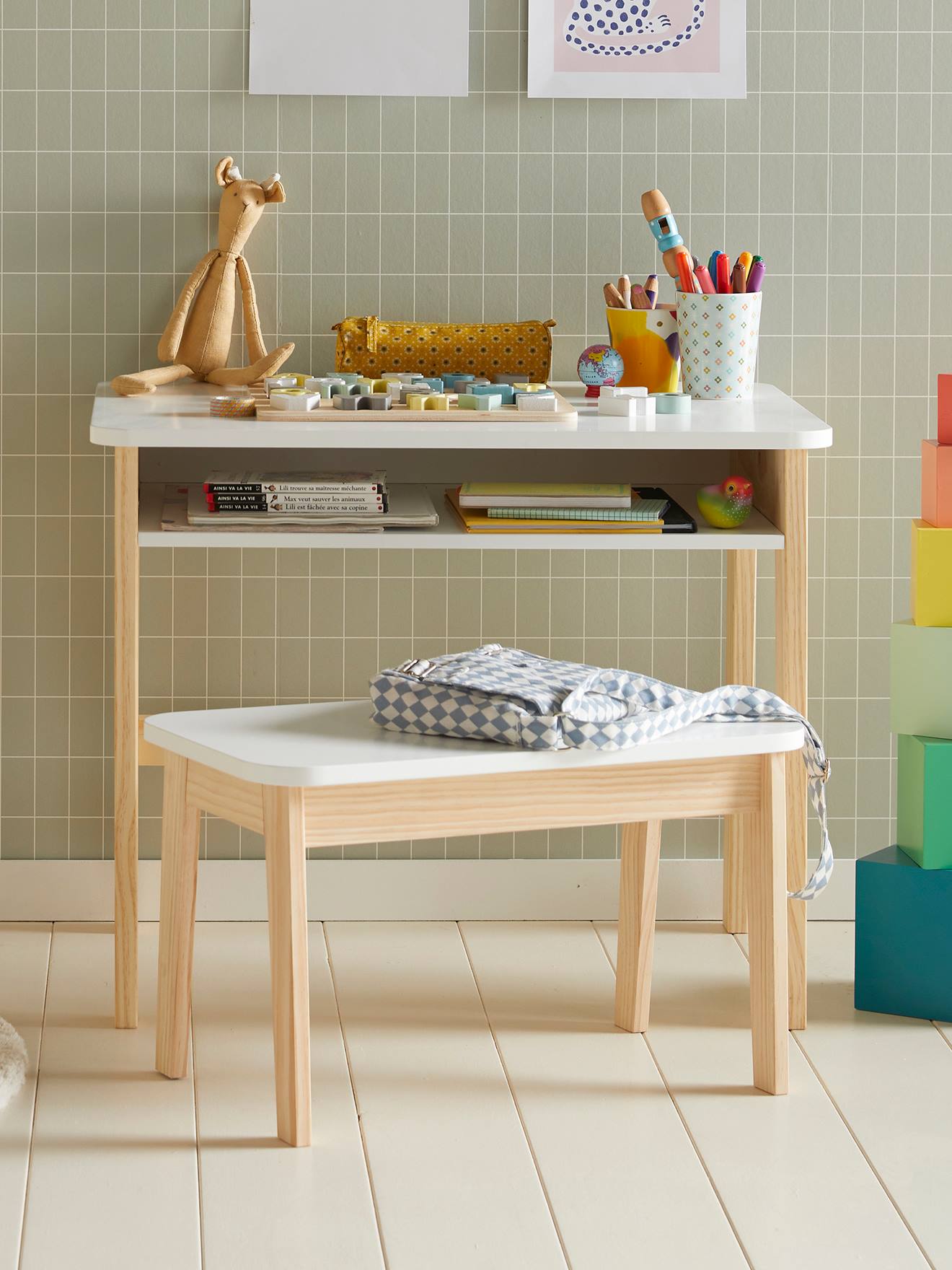 Set aus Kinderschreibtisch & Hocker SCHULBANK
