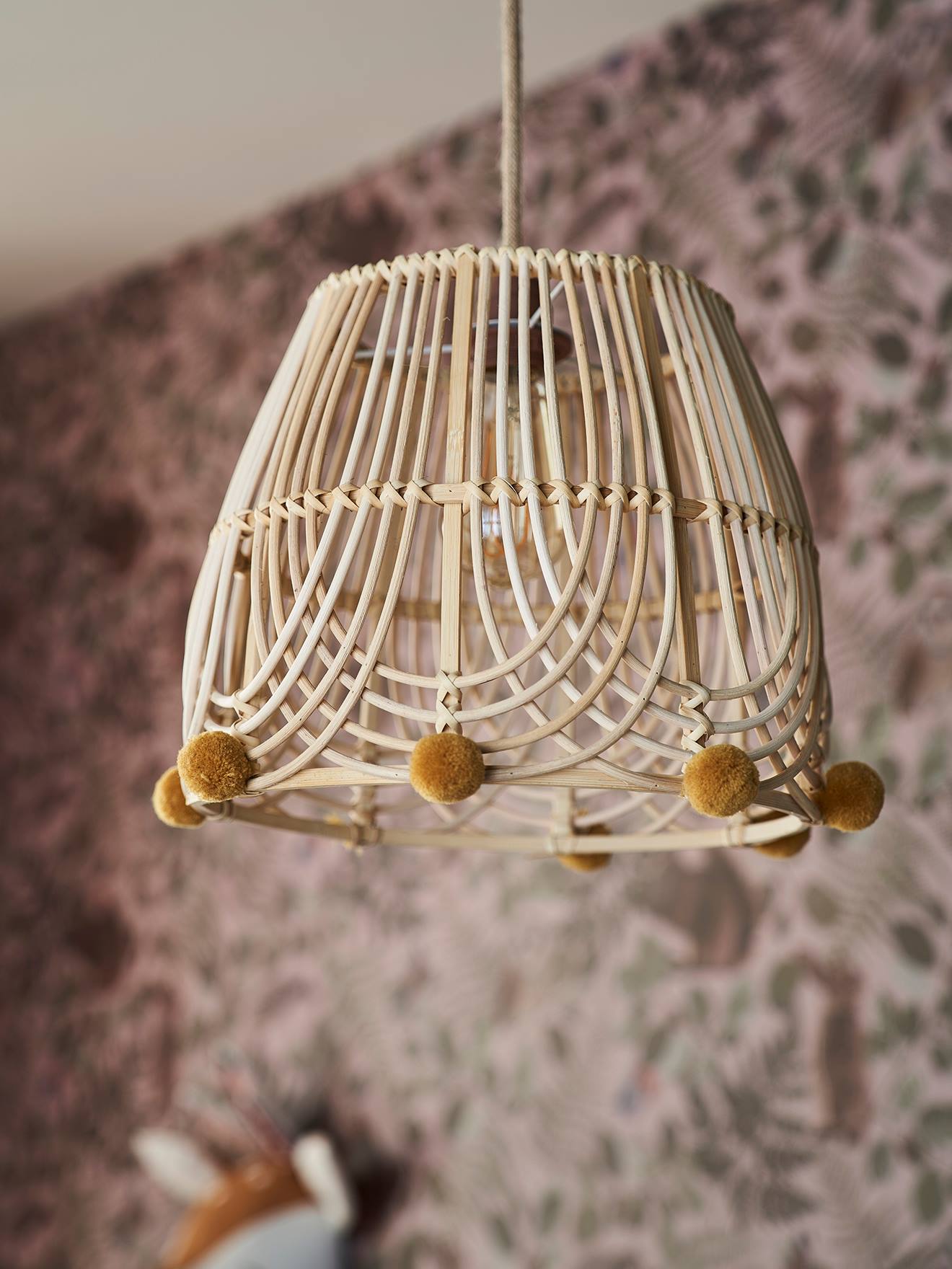 Kinderzimmer Lampenschirm aus Rattan BOHO e pompons