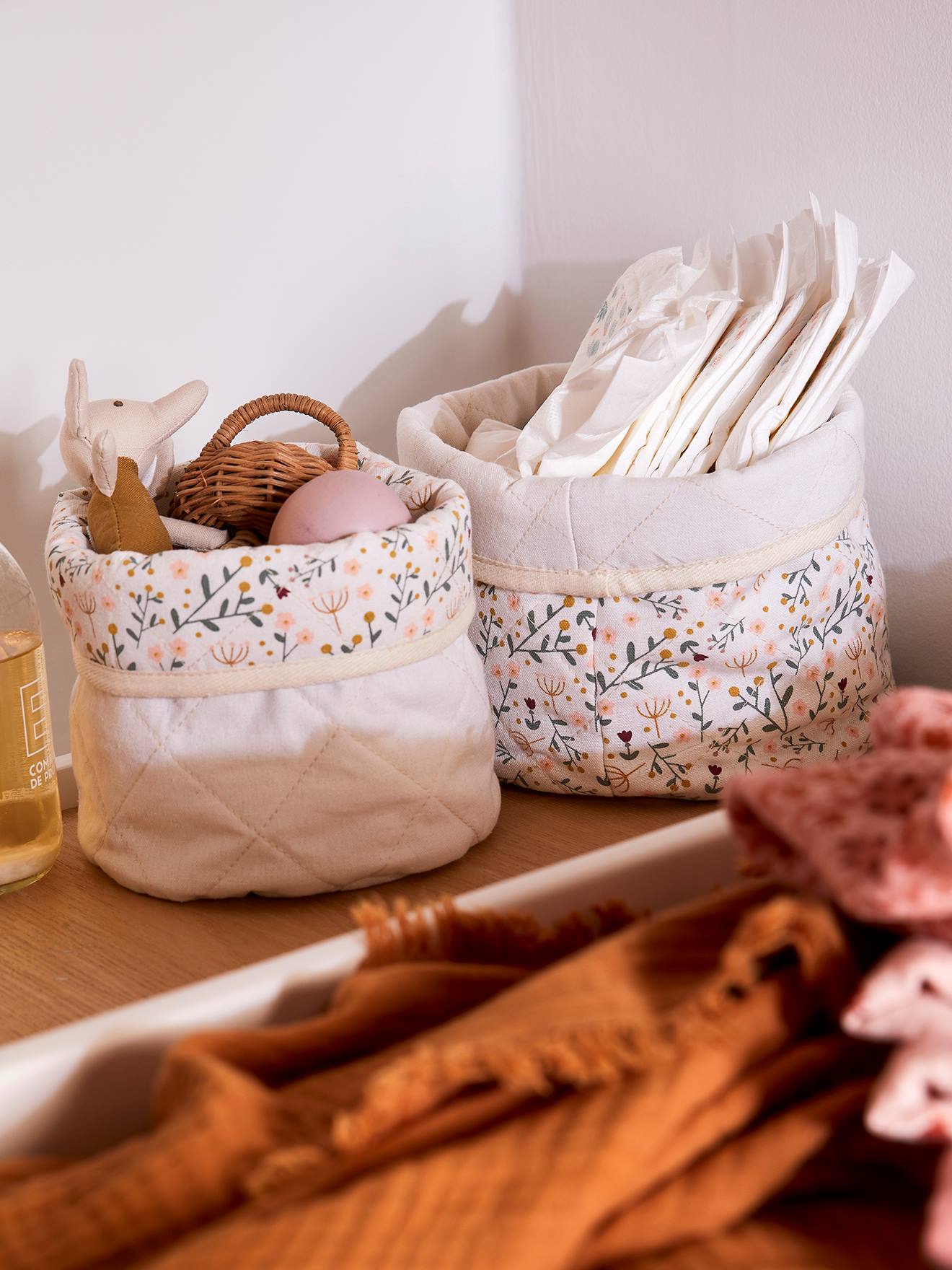 2er-Set Aufbewahrungskörbe BLUMENZAUBER, Wickelkorb Babyzimmer beige von vertbaudet
