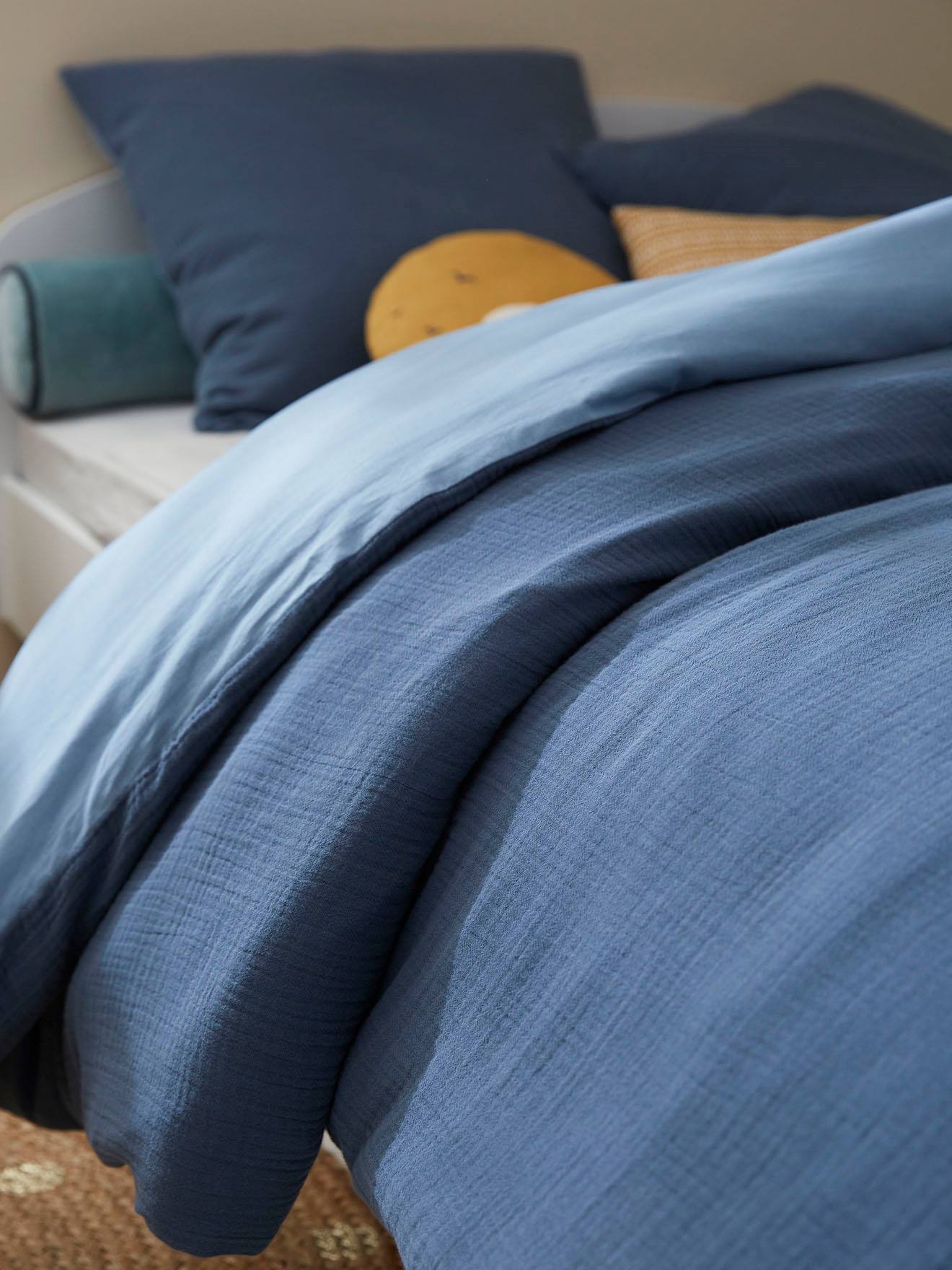 Kinder Bettwäsche-Set mit Musselin blau Gr. 140x150 63x63 von vertbaudet