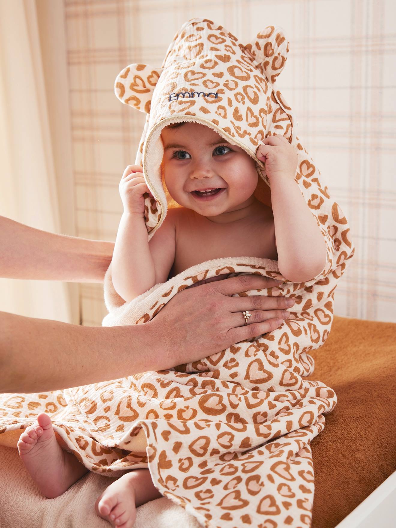 Vertbaudet Baby Badecape Lovely Leo Aus Musselin Hellbraun 100X100