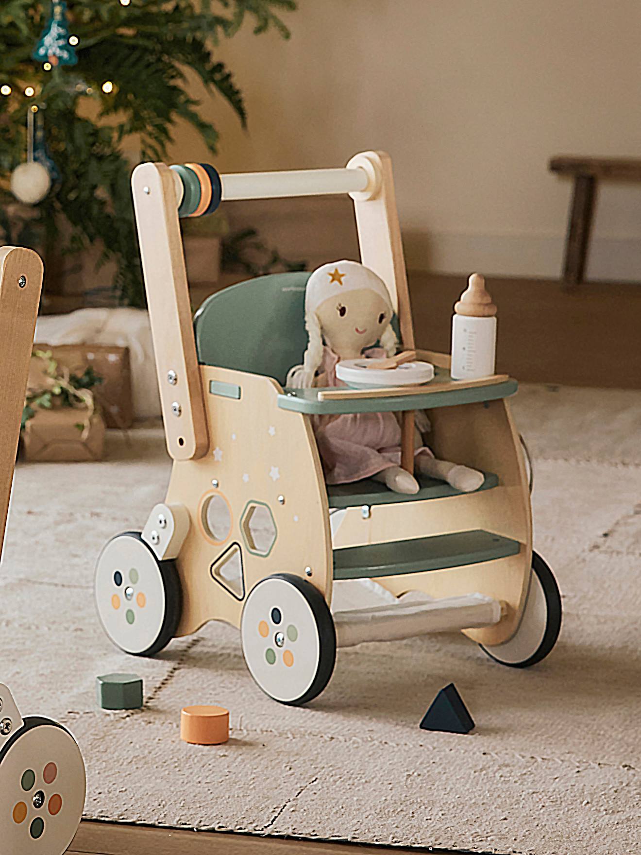 Lauflernwagen mit Puppensitz, Holz FSC grün von vertbaudet