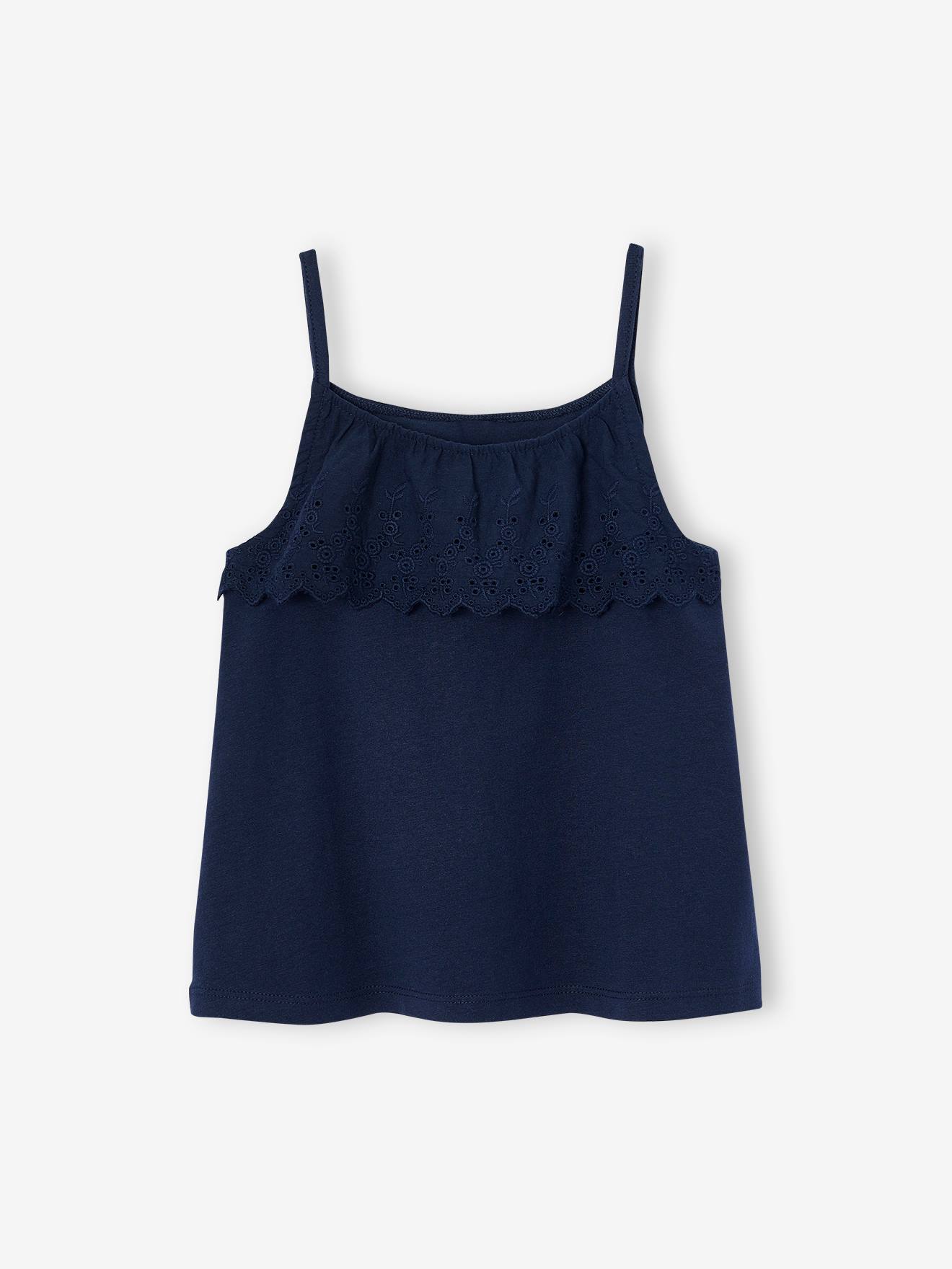 Mädchen Top mit Volants aus Lochspitze blau Gr. 116 von vertbaudet