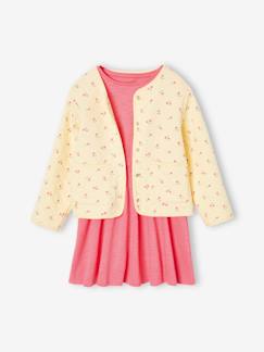 Maedchenkleidung-Mädchen-Set: Geblümte Jacke mit Steppnähten & Kleid