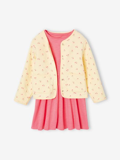 Mädchen-Set: Geblümte Jacke mit Steppnähten & Kleid rosa+violett 1
