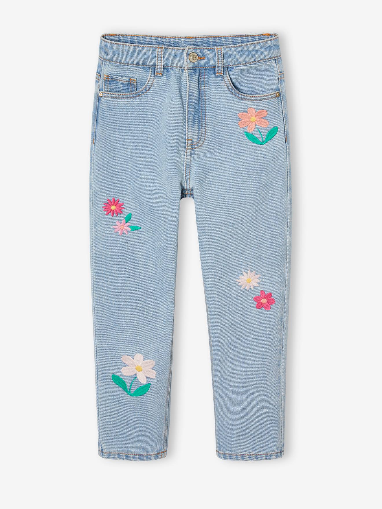 Mädchen Mom-Fit-Jeans mit Blumenstickerei, Bundweite verstellbar helles blau Gr. 110 von vertbaudet