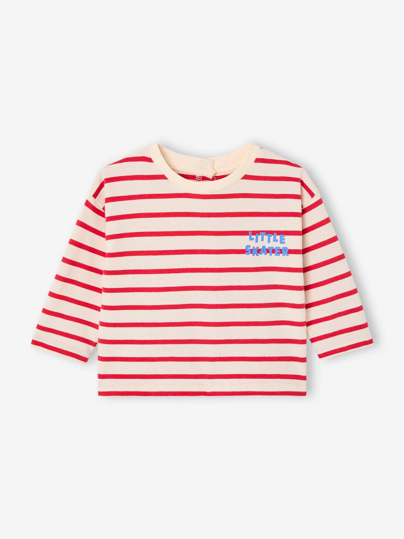 Bio-Kollektion: Gestreiftes Baby Shirt mit Druckknöpfen hinten rot Gr. 80 von vertbaudet