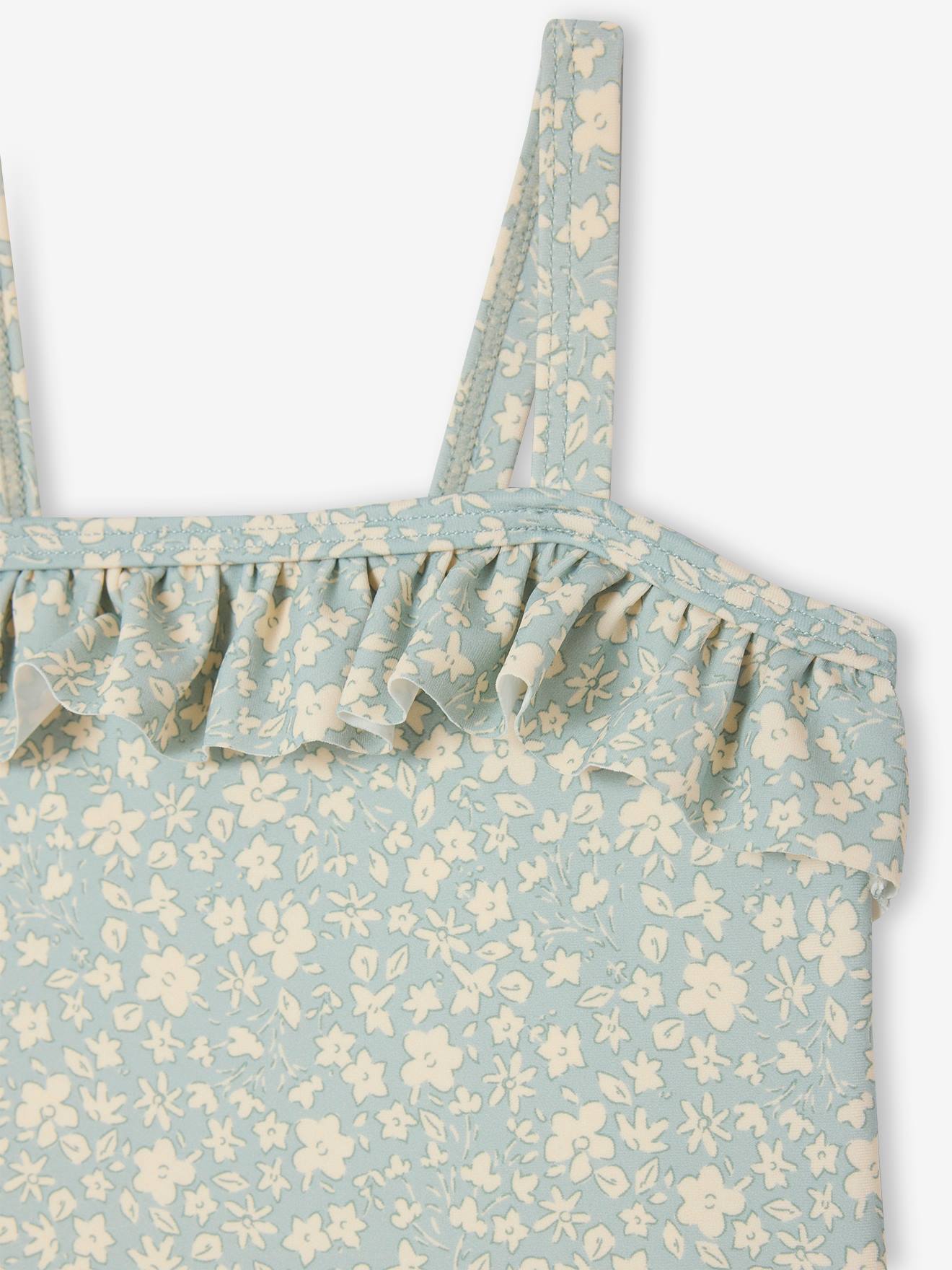 Thumbnail - Geblümter Mädchen Baby Badeanzug mit Volants salbei