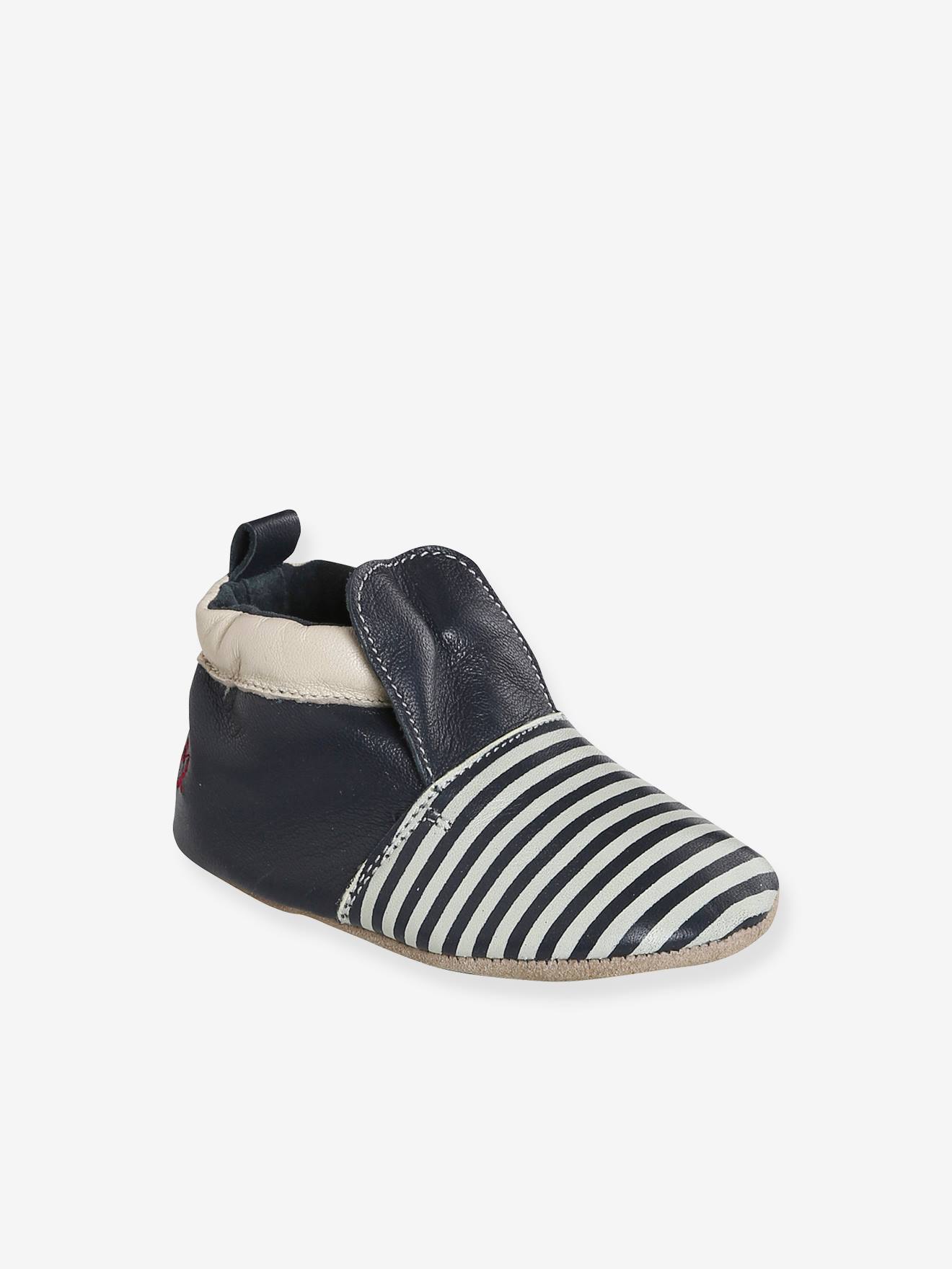 Baby Krabbelschuhe aus weichem Leder mit Streifen blau Gr. 74/80 von vertbaudet