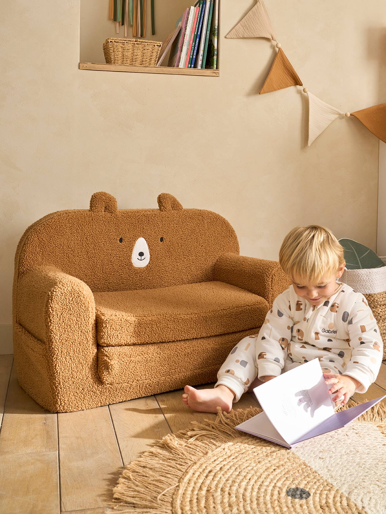 Vertbaudet Kindersofa Teddy Ausklappbar Camel Einheitsgröße