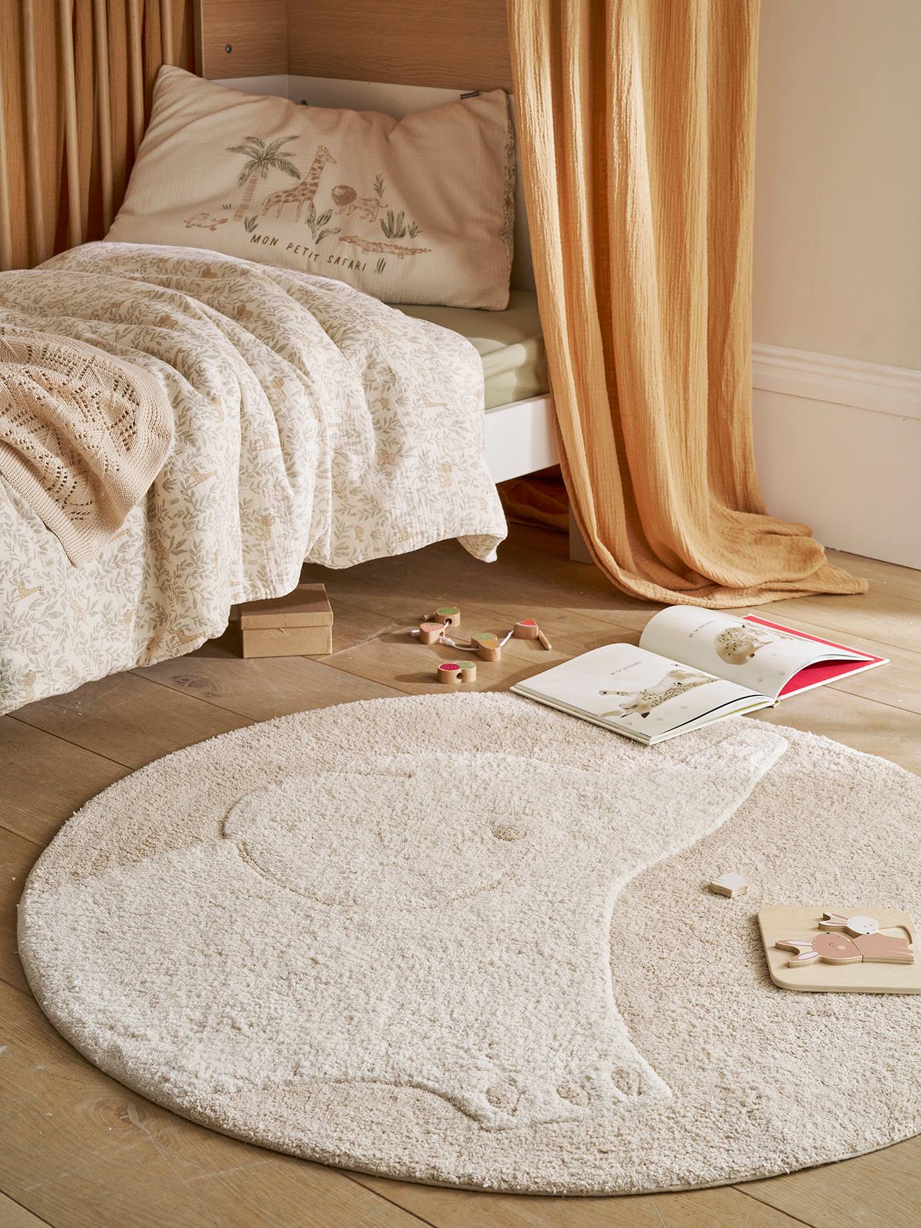 Vertbaudet Runder Kinderzimmer Teppich Elefant Wollweiß Einheitsgröße