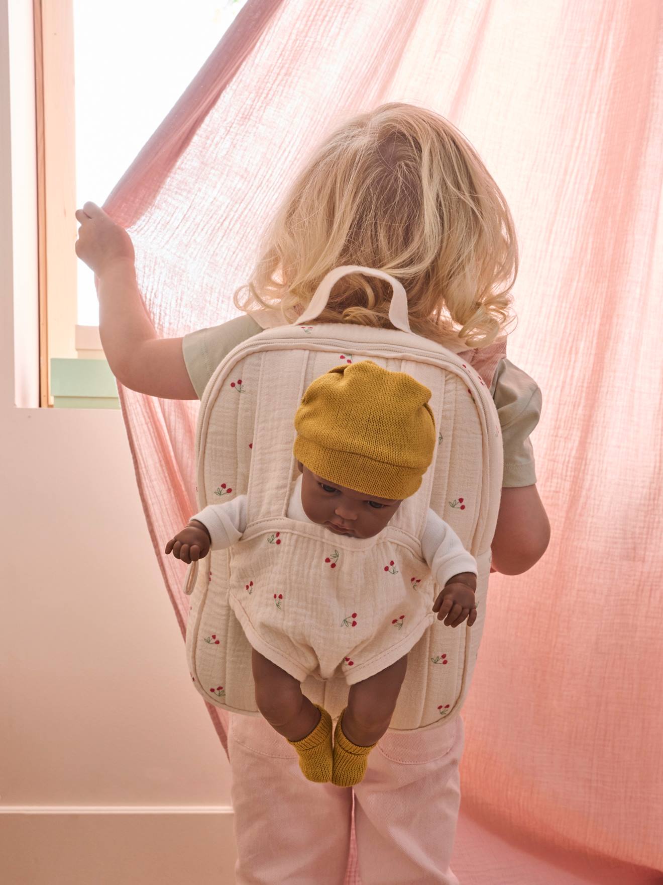 Kinder Tragerucksack für Puppenbabys wollweiß/kirschen von vertbaudet