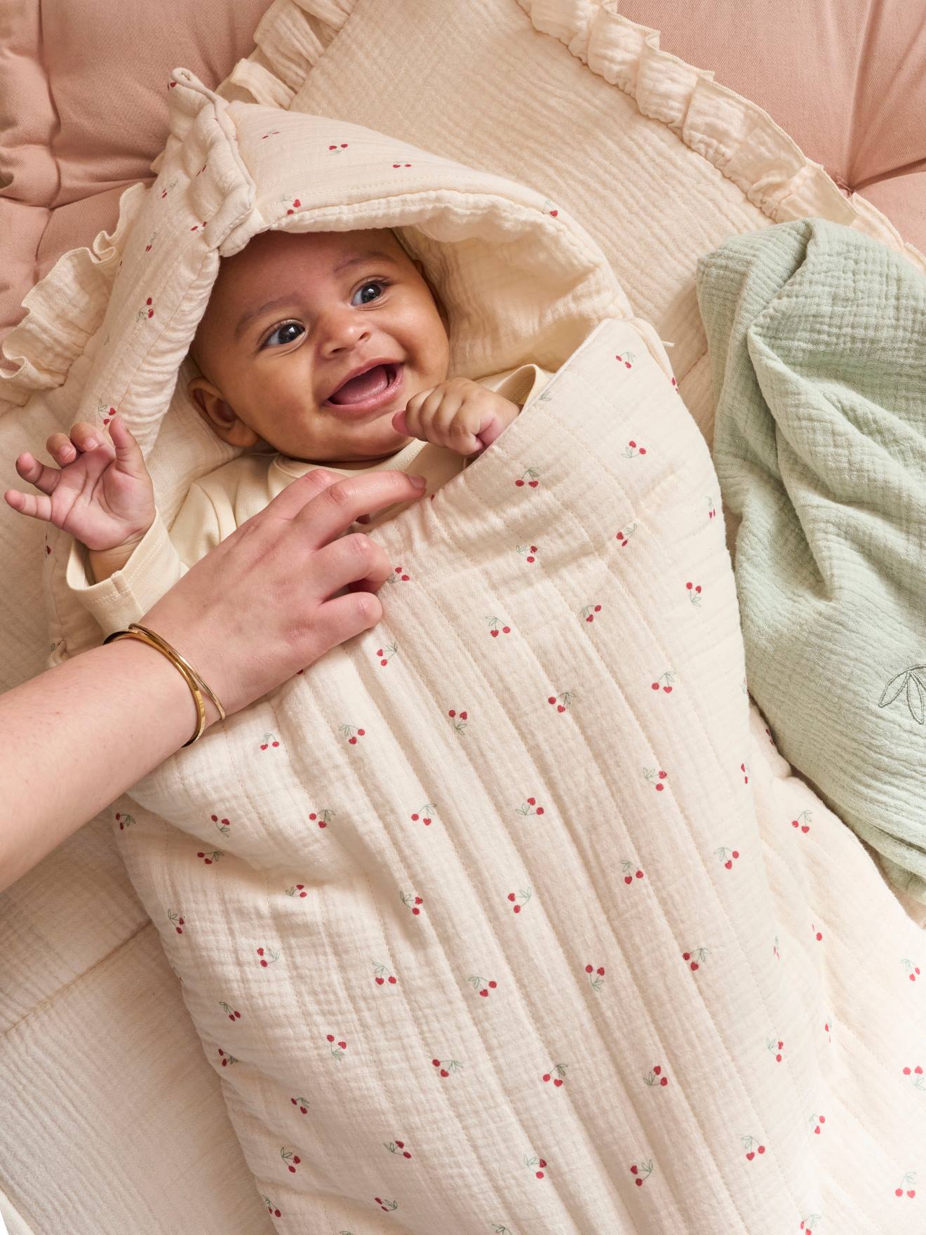 Vertbaudet Bedruckter Baby Ausfahrsack Hellbeige/Kirschen Cherry Einheitsgröße