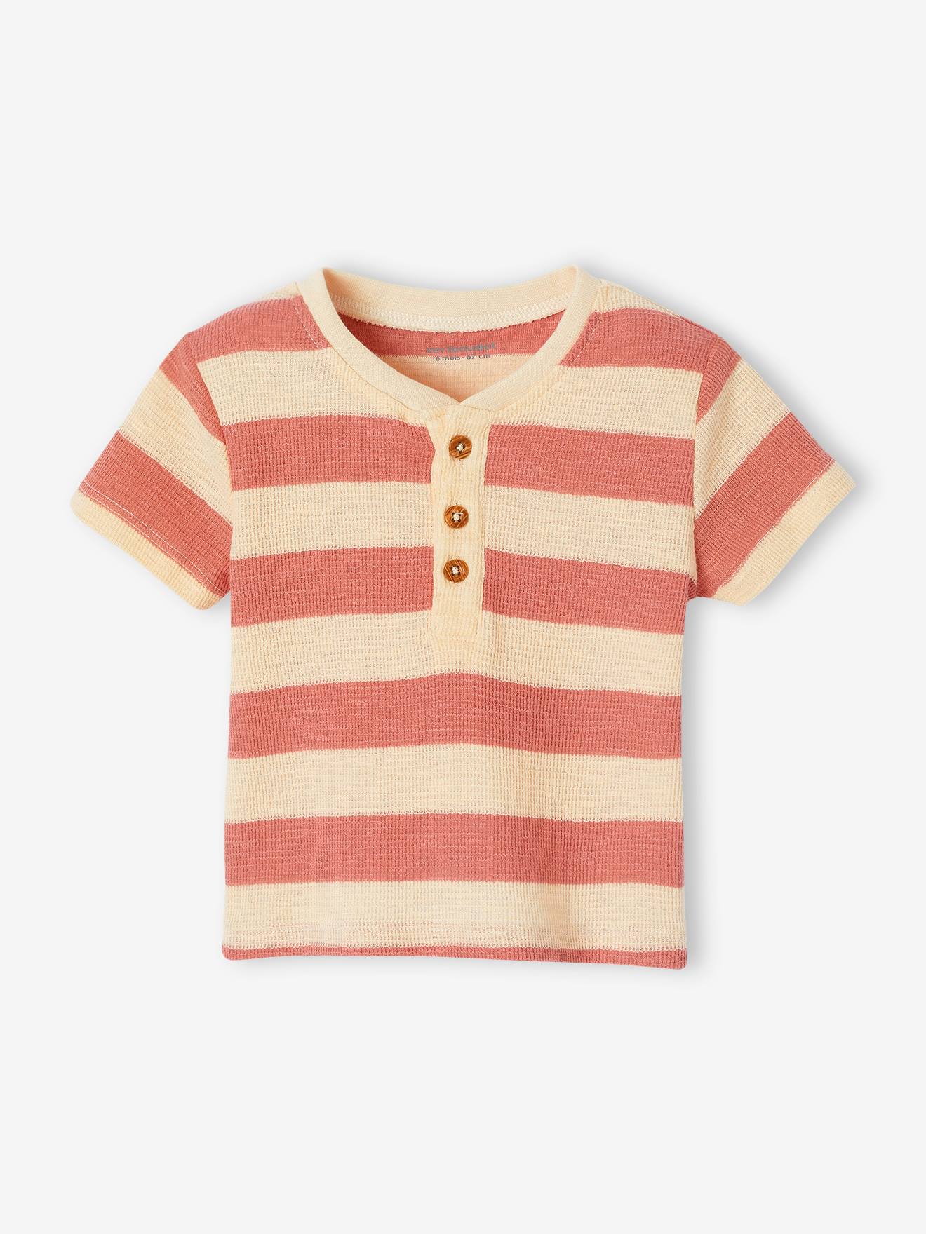 Bio-Kollektion: Gestreiftes Baby Shirt aus Waffelpikee terrakotta farbe Gr. 68 von vertbaudet