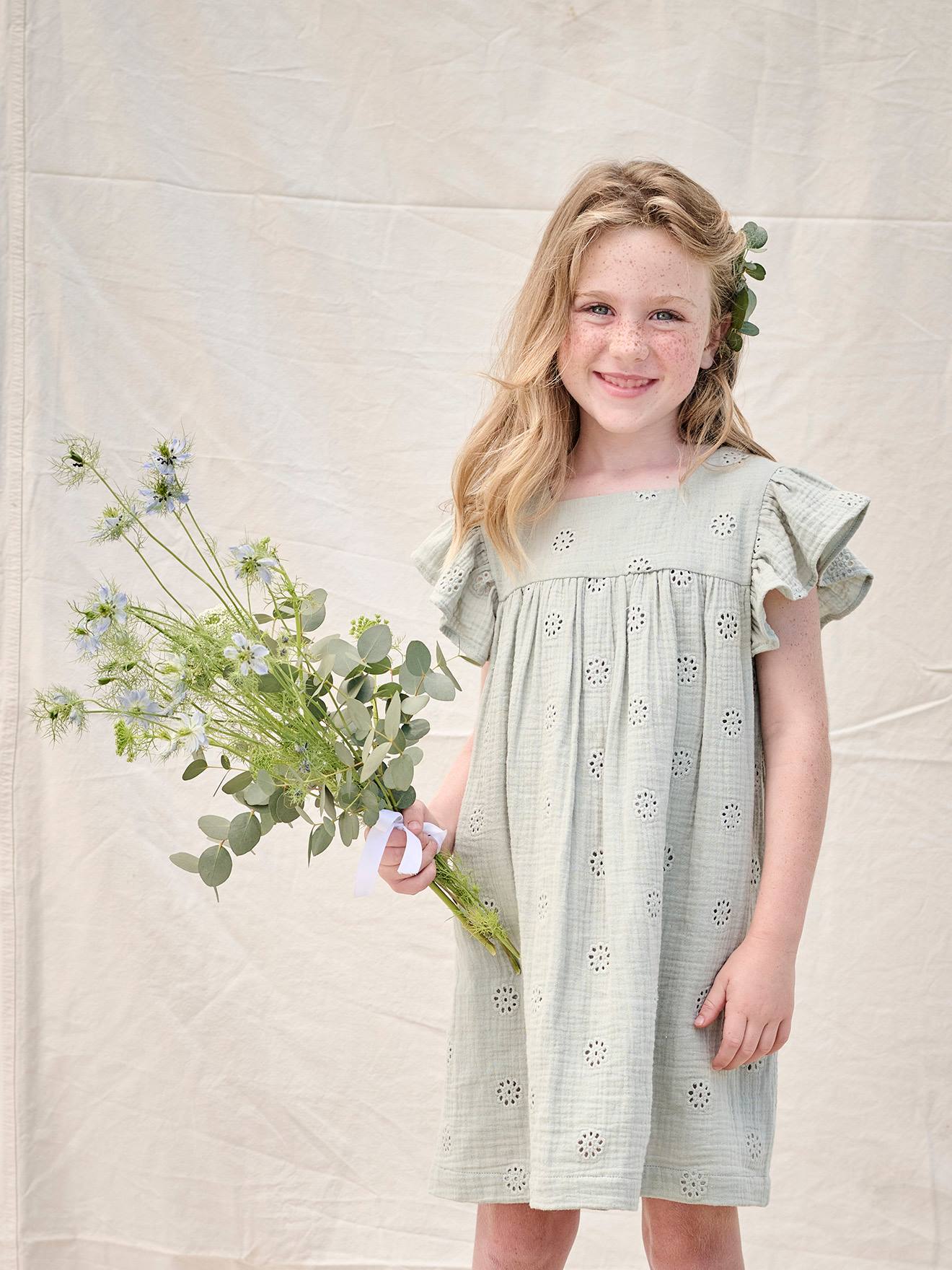 Vertbaudet Mädchen Musselinkleid Salbei Salbeigrün 98/104