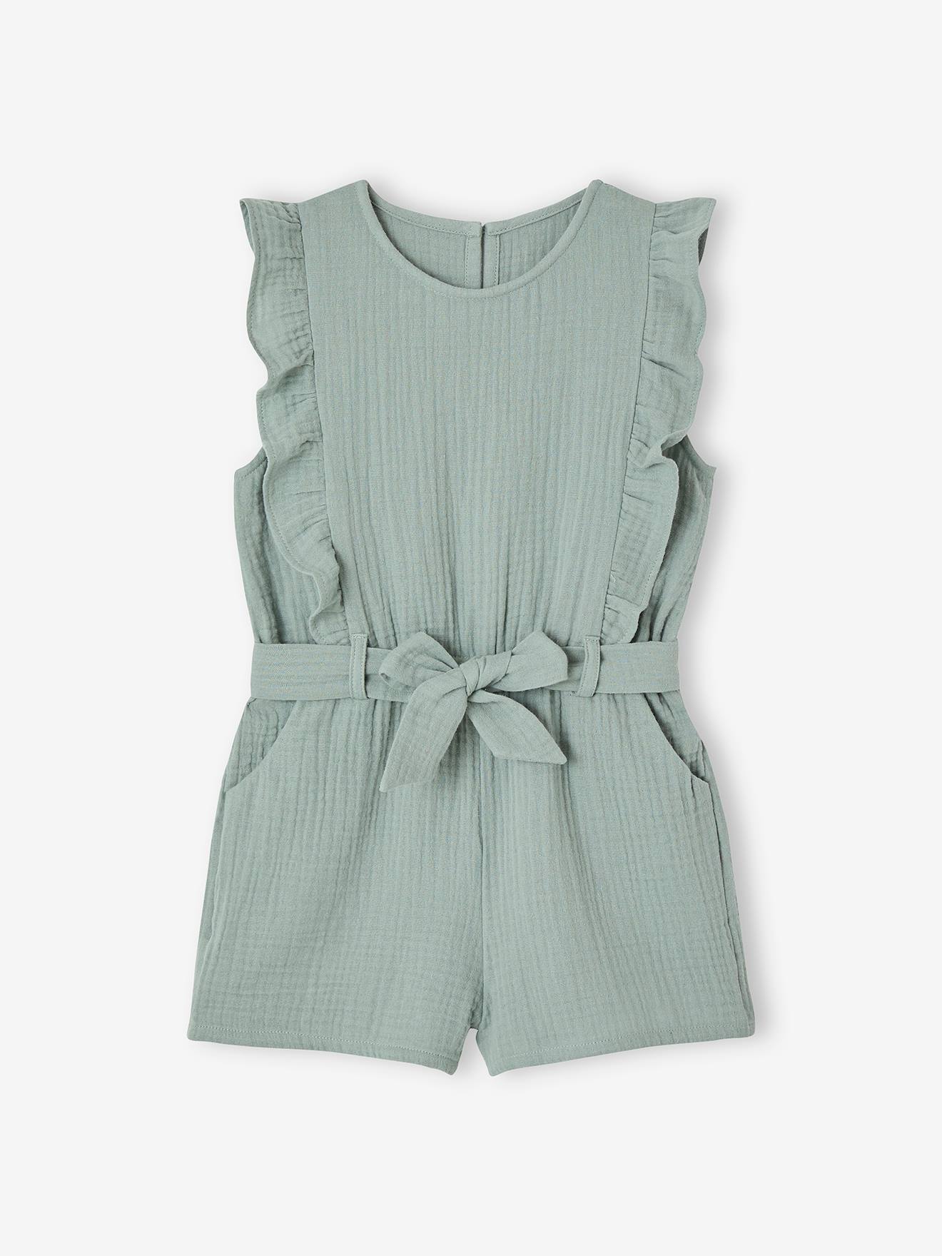 Vertbaudet Kurzer Mädchen Jumpsuit Mit Volants Salbeigrün 98/104