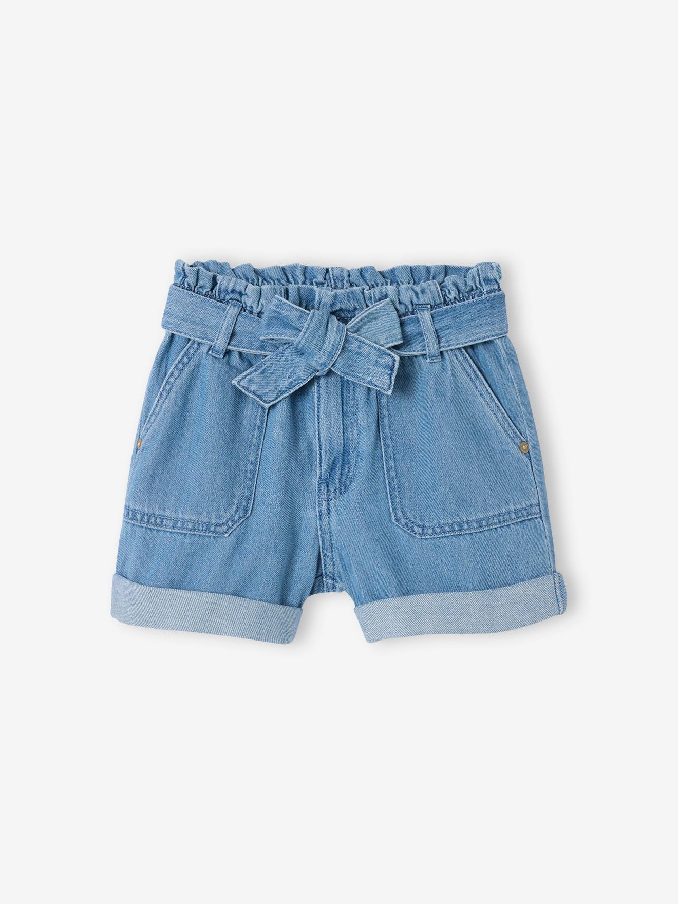 Mädchen Paperbag-Shorts aus Light-Denim helles blau Gr. 116 von vertbaudet