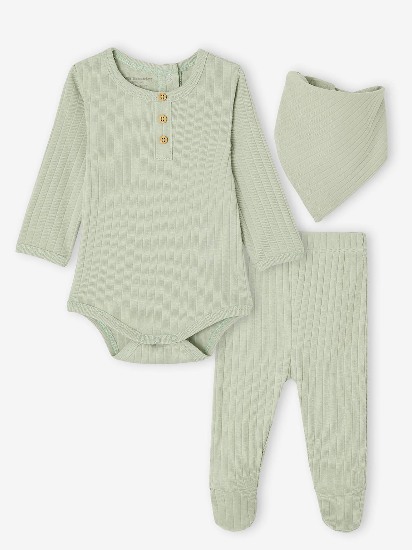 Bio-Kollektion: Baby-Set aus Langarmbody, Leggings & Halstuch salbeigrün Gr. 80 von vertbaudet