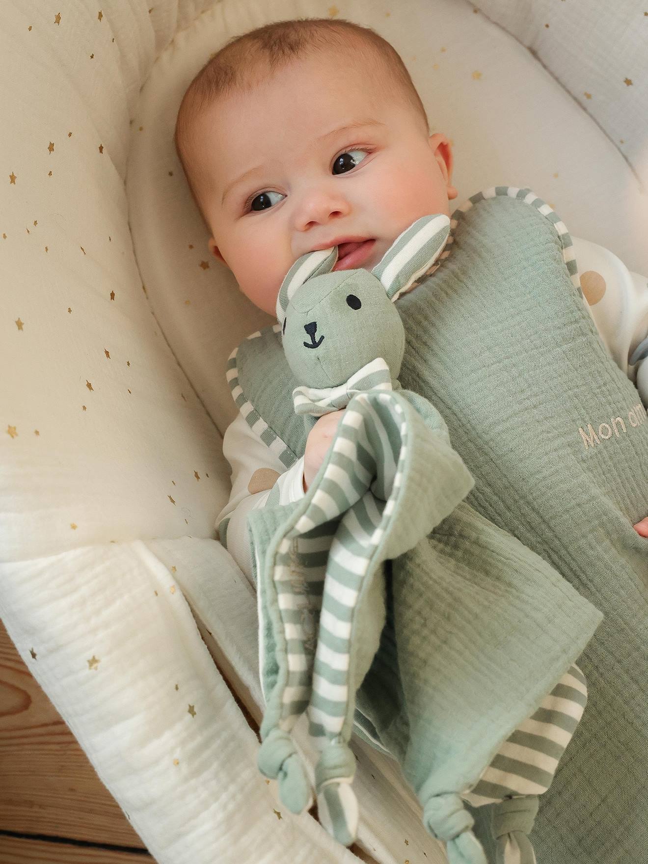 Bio-Kollektion: Baby Schlafsack aus Musselin ENVIE DE FRAISE, personalisierbar salbeigrün Gr. 85 cm