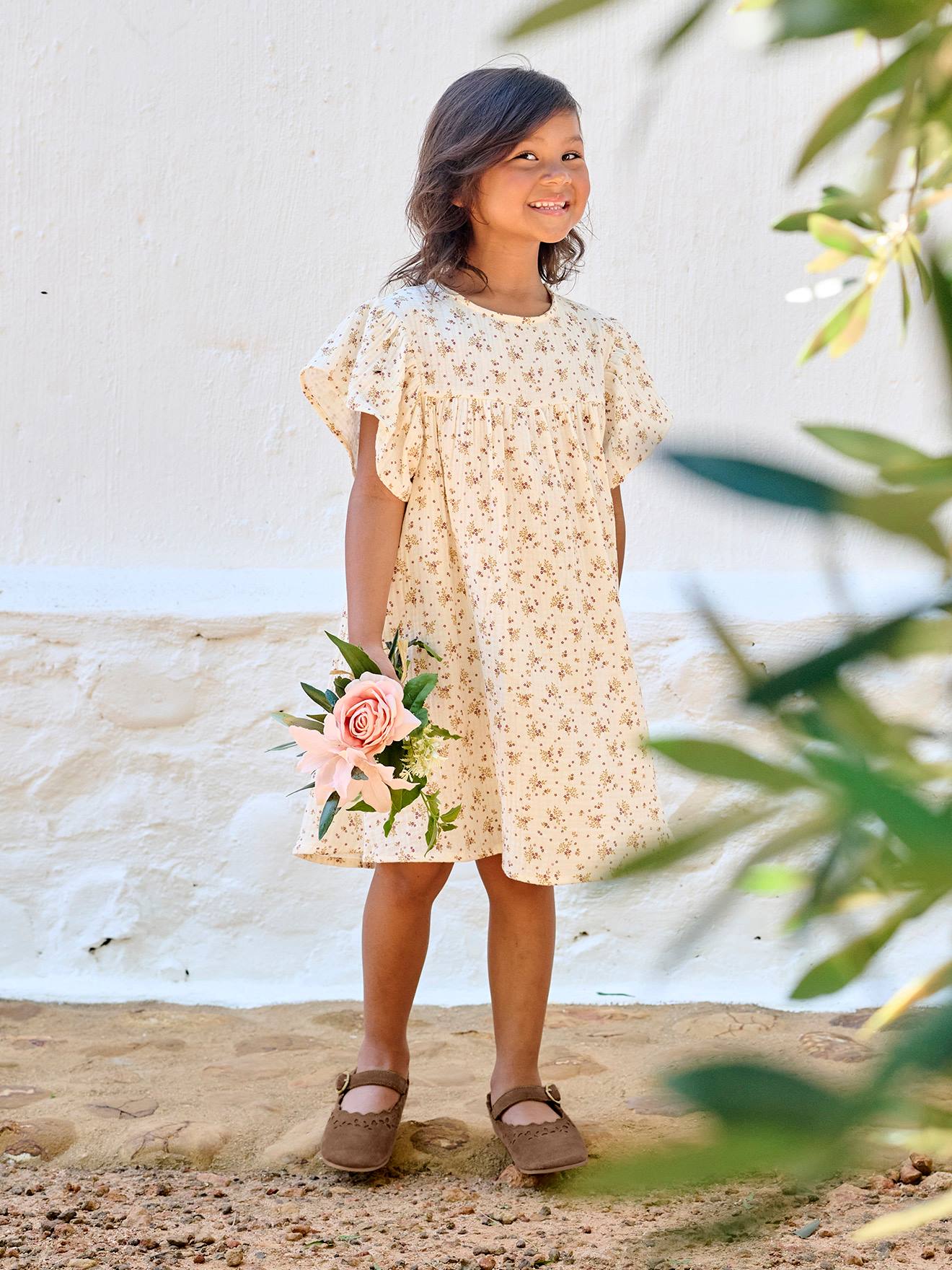 Vertbaudet Kurzärmeliges Kleid Mit Volantärmeln Mädchen Vanille Vanille Geblümt 92/98