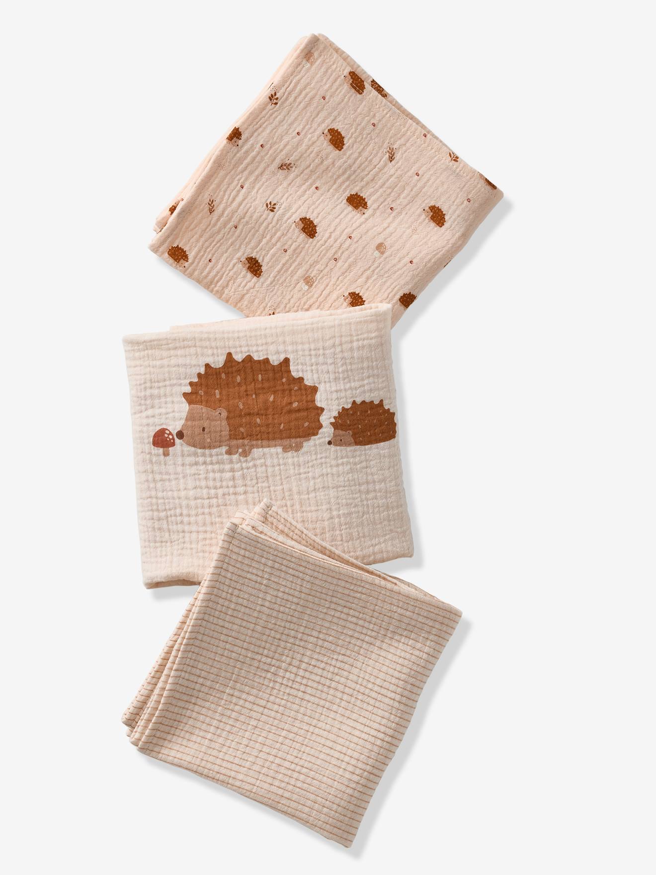 3er-Set Baby Wickeltücher IGEL aus Musselin beige von vertbaudet