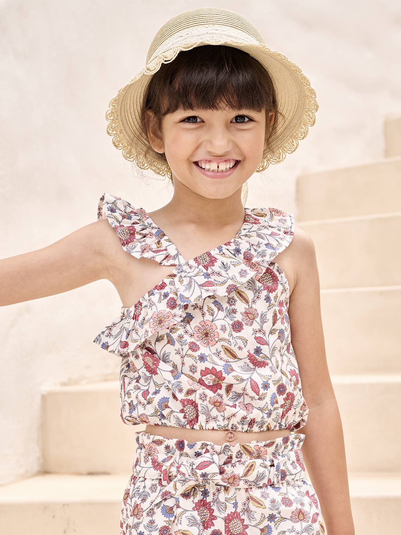 Vertbaudet Asymmetrische Mädchen Volantbluse Mit Blumenprint Wollweiß 98/104