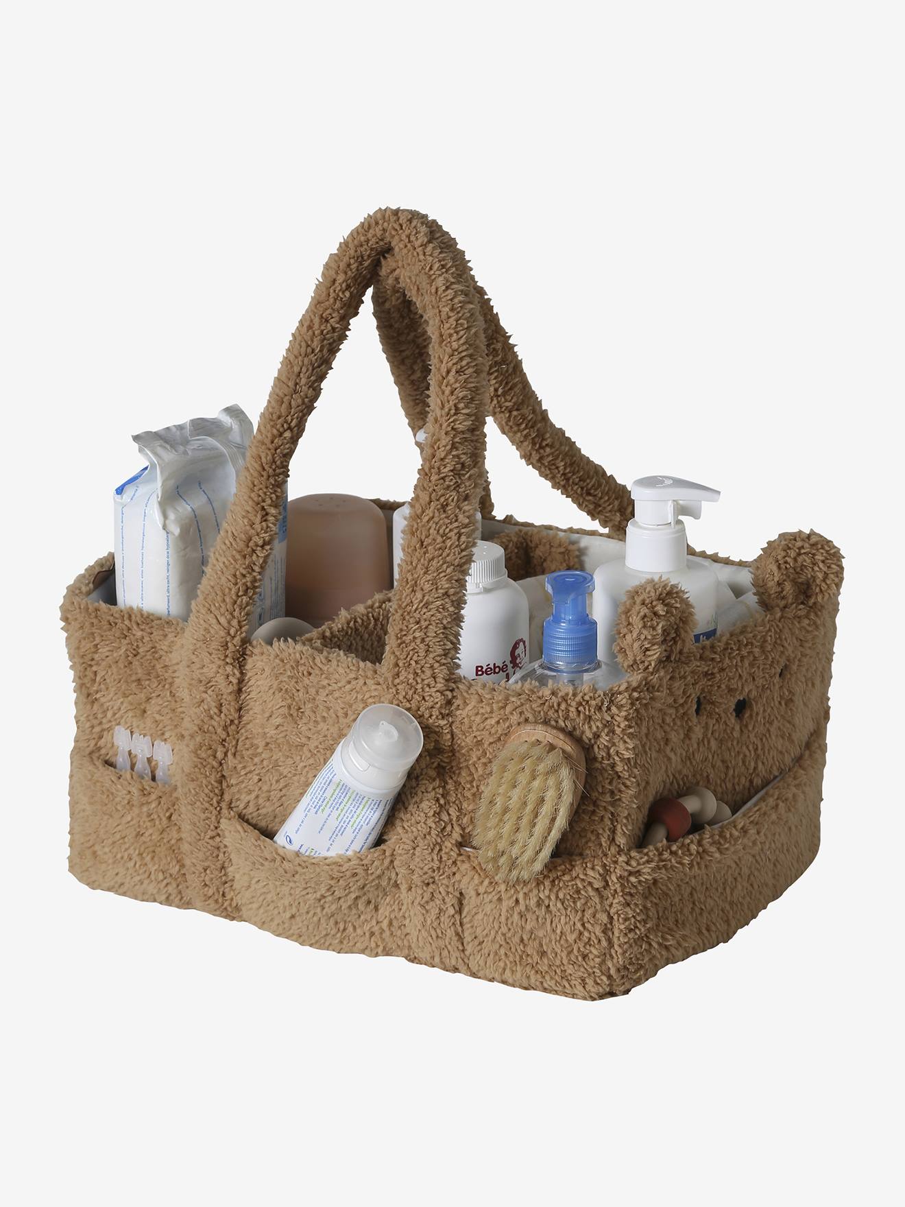 Wickelkorb BÄR mit 2 Fächern aus Teddyfleece, Wickeltisch-Organizer für Babyzimmer beige von vertbaudet