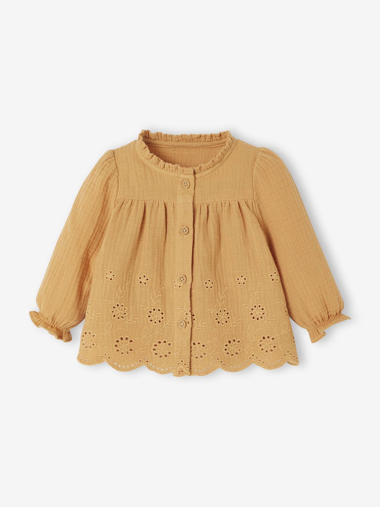 Bestickte Baby Bluse aus Musselin ocker