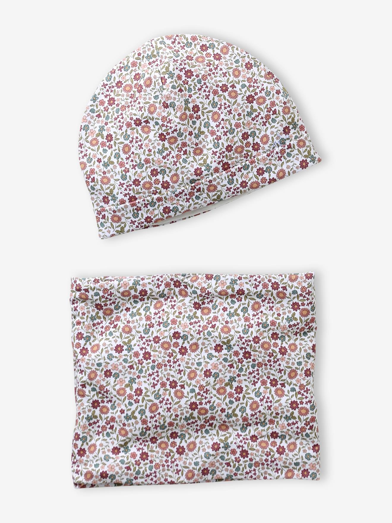 Blumiges Set aus Mütze und Snood für Mädchen