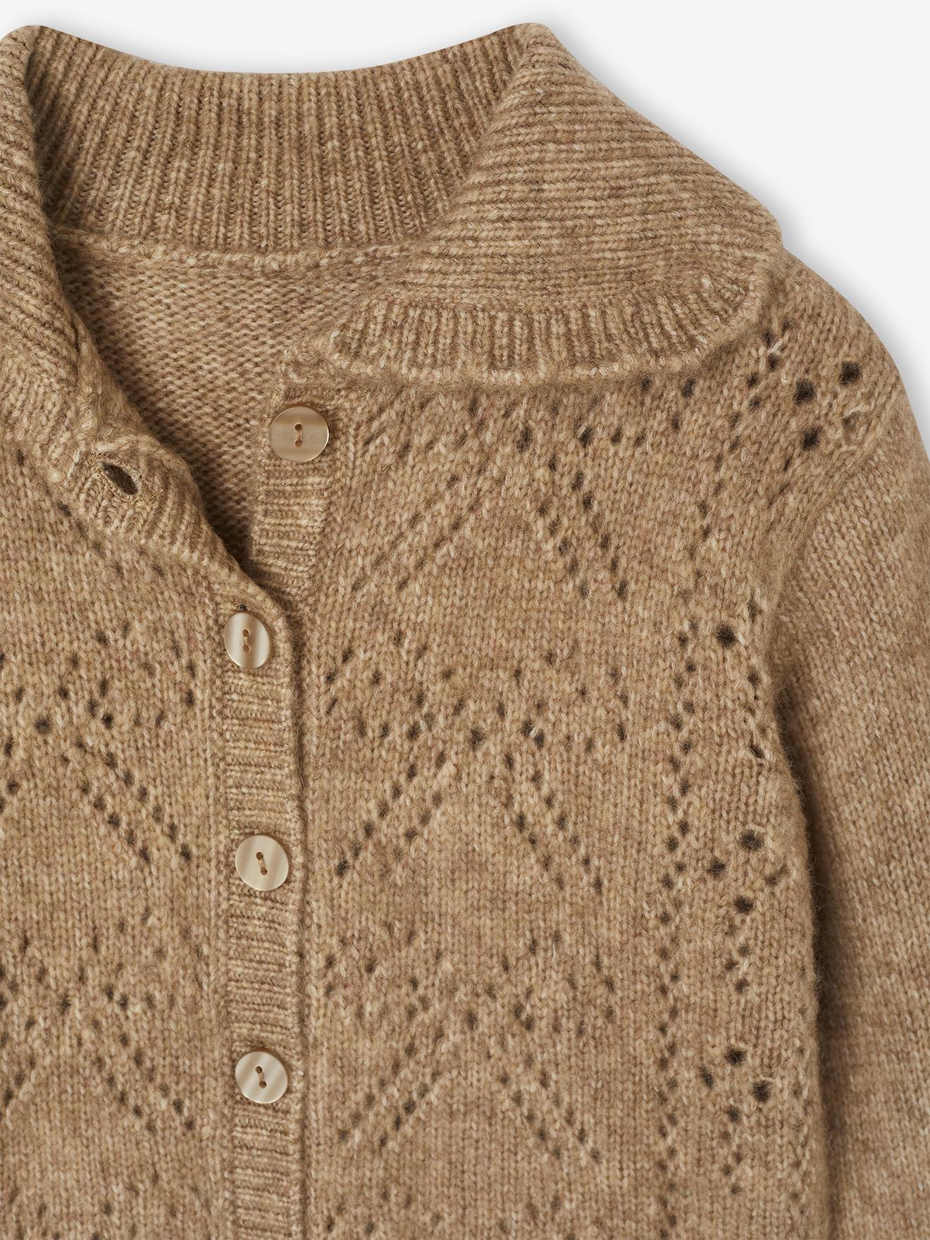 Thumbnail - Strickjacke Mädchen mit Lochmuster und Zierschleifen mokka