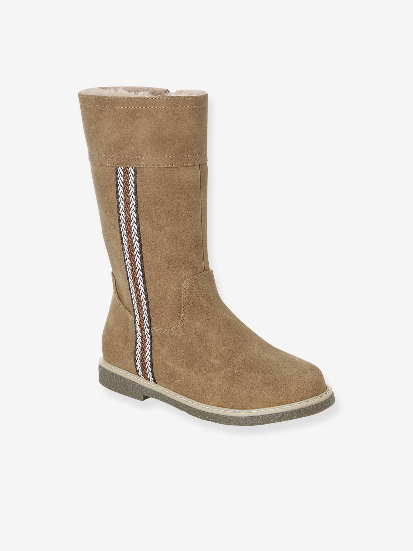 Gefütterte Stiefel mit Reißverschluss und Zierborte für Mädchen camel