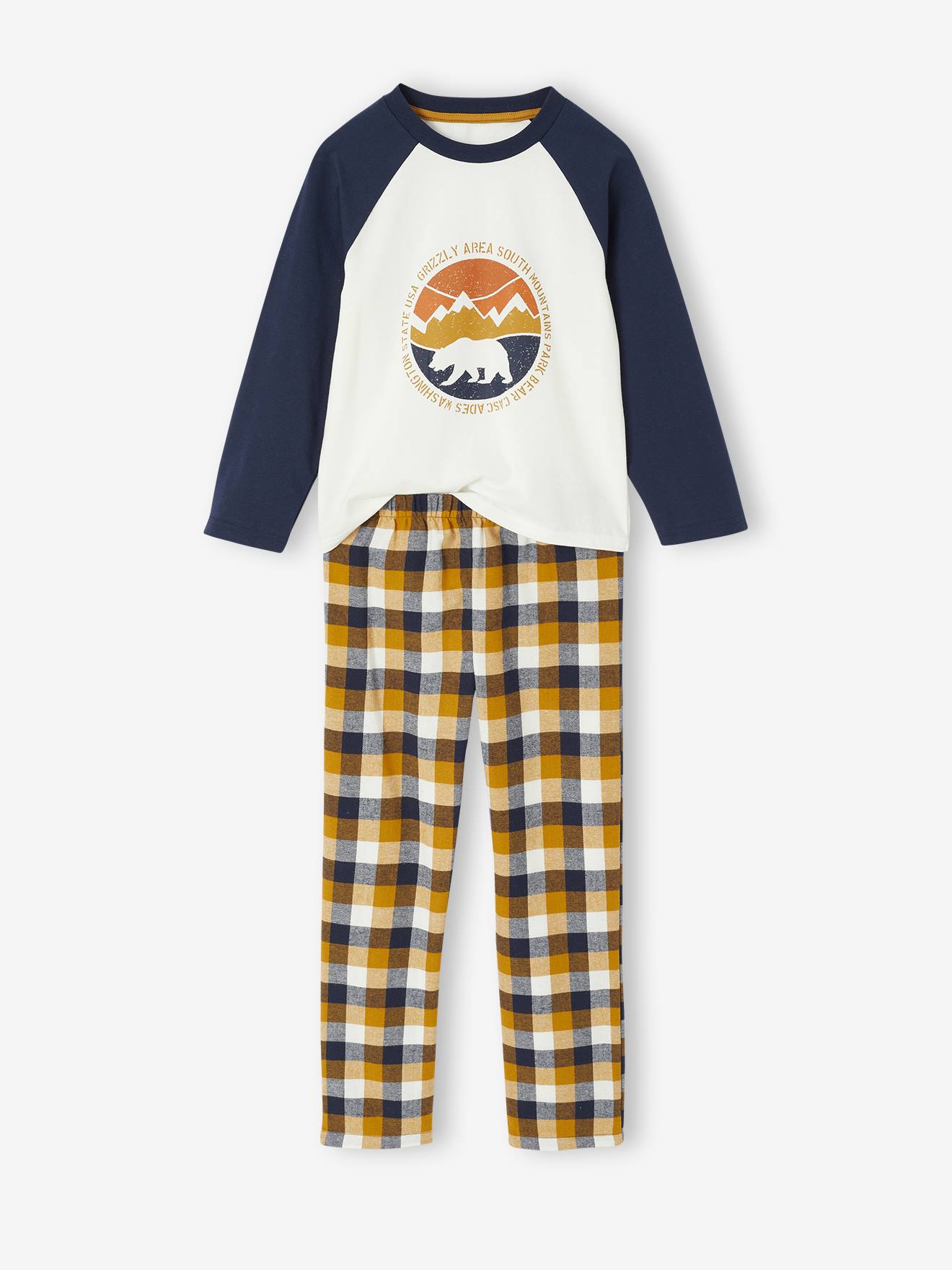 Jungen Schlafanzug mit Bärenprint und Flanellhose ocker
