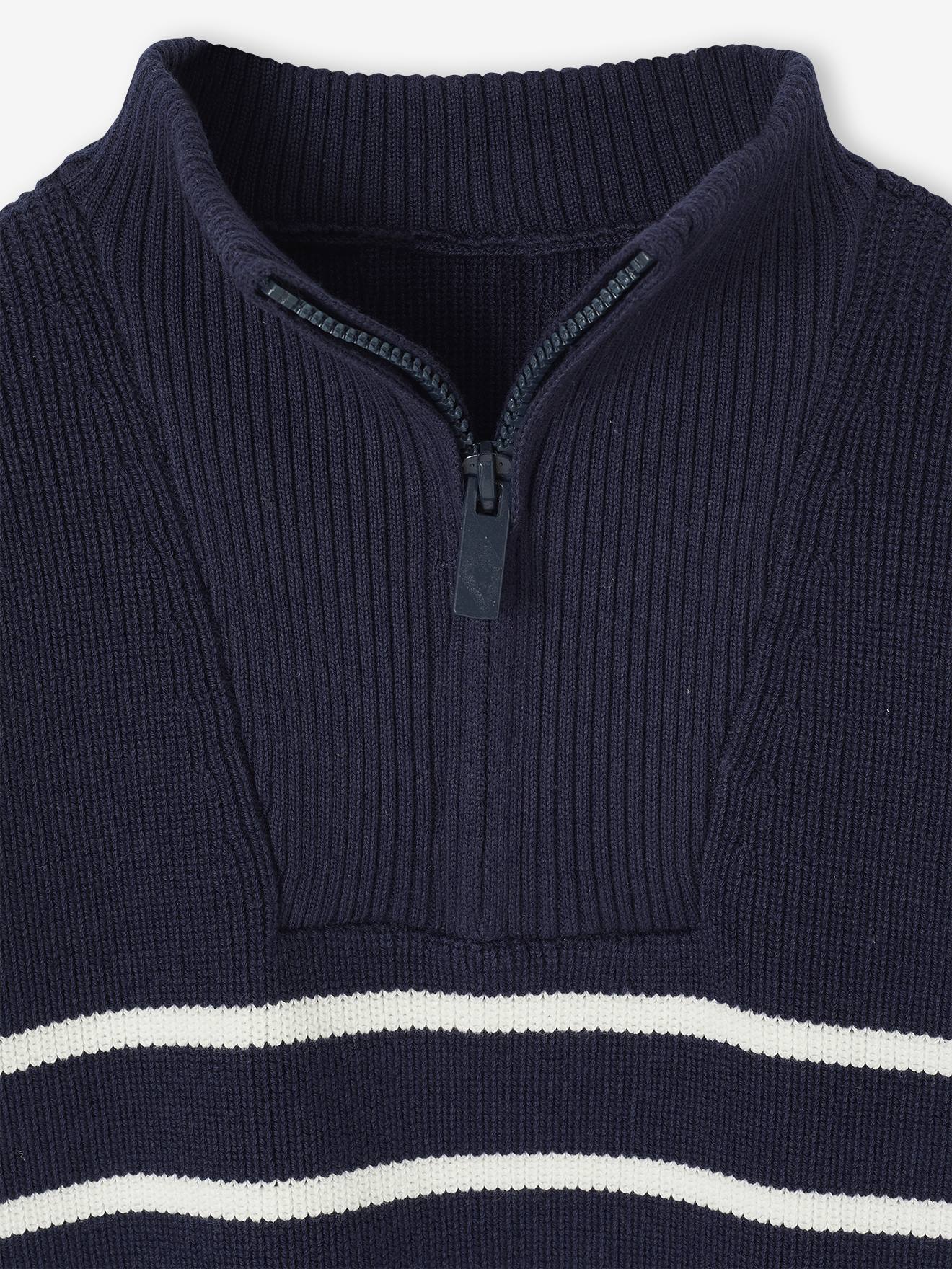 Thumbnail - Gestreifter Strickpullover mit Reißverschluss-Kragen für Jungen