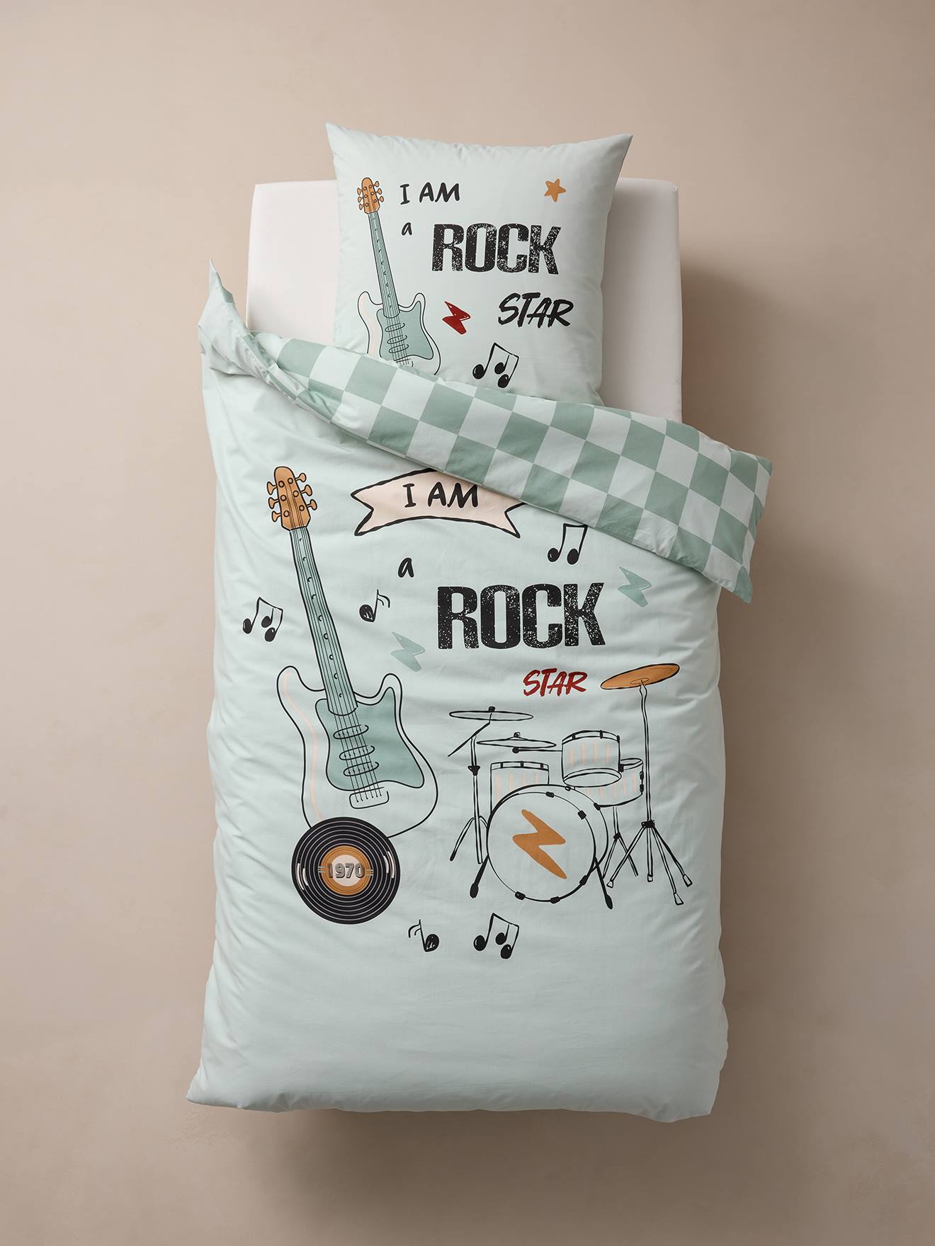Thumbnail - Kinder Bettwäsche-Set ROCK MUSIC mit  Recycling-Baumwolle salbei