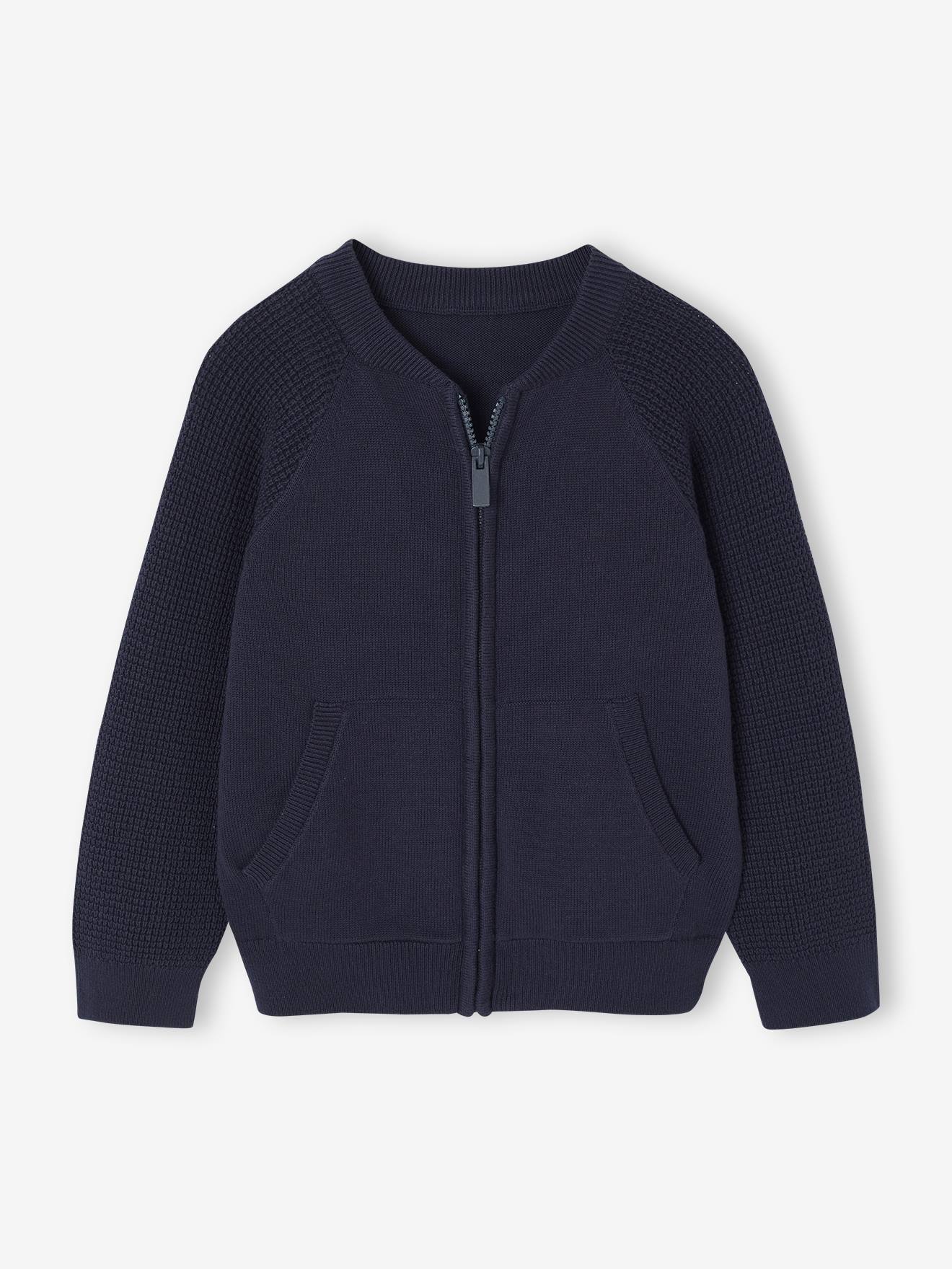 Strickjacke mit Reißverschluss & Kängurutasche für Jungen, personalisierbar blau Gr. 152 von vertbaudet