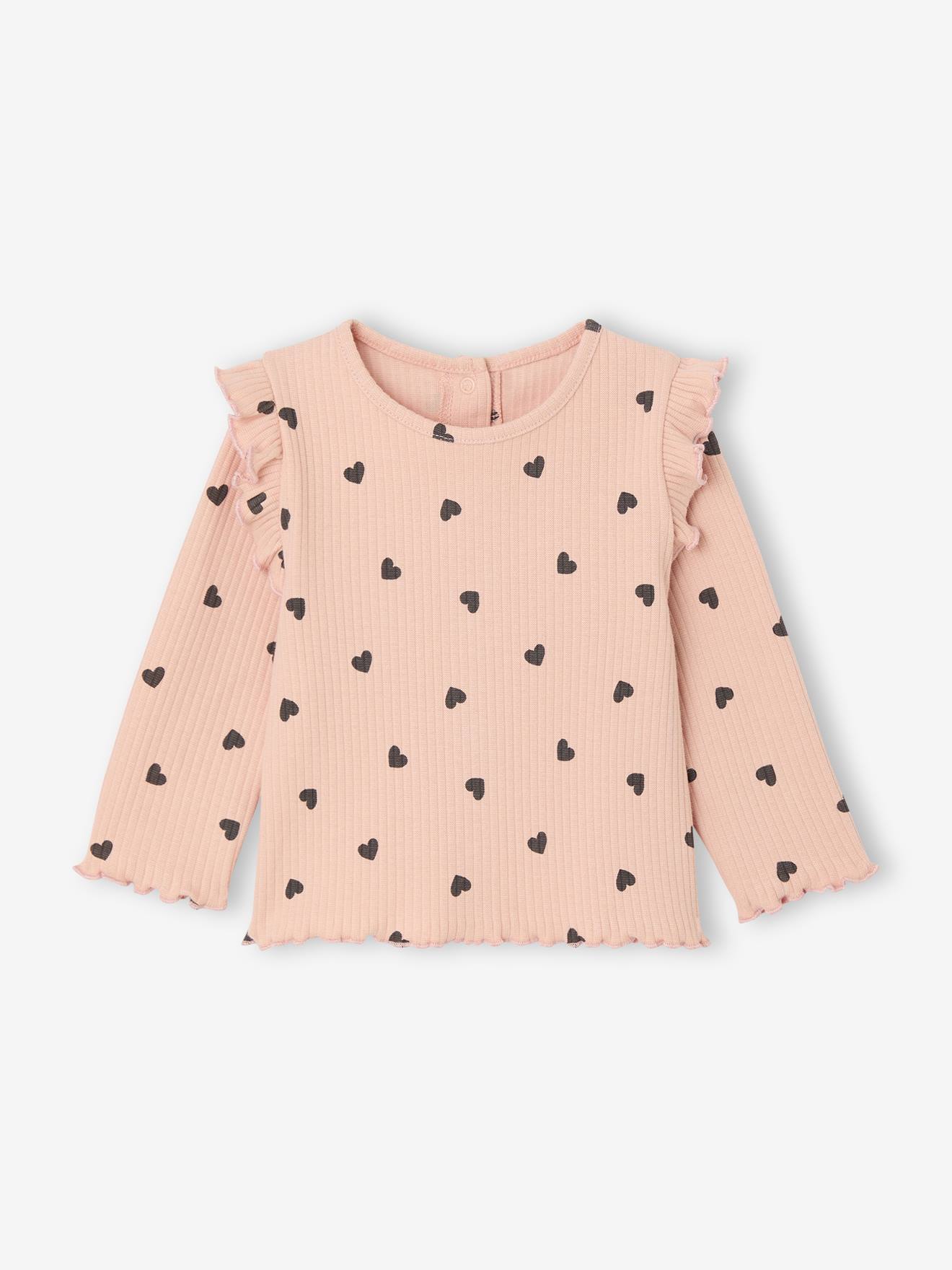 Geripptes Mädchen Baby Shirt mit Volantärmeln, Bio-Baumwolle pudrig rosa Gr. 62 von vertbaudet