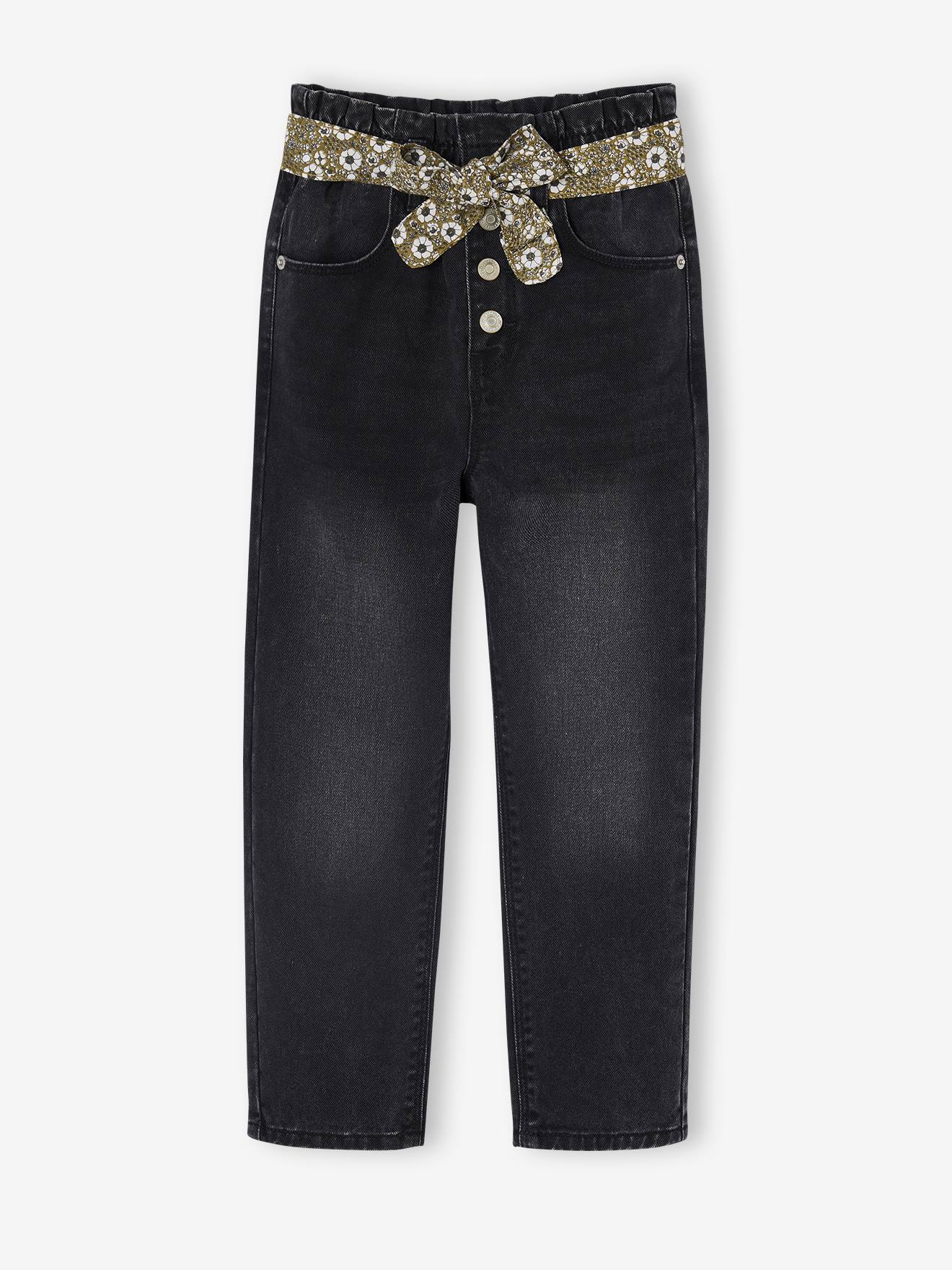 Mädchen Paperbag-Jeans mit Blumen-Gürtel, Bundweite verstellbar schwarz Gr. 158 von vertbaudet