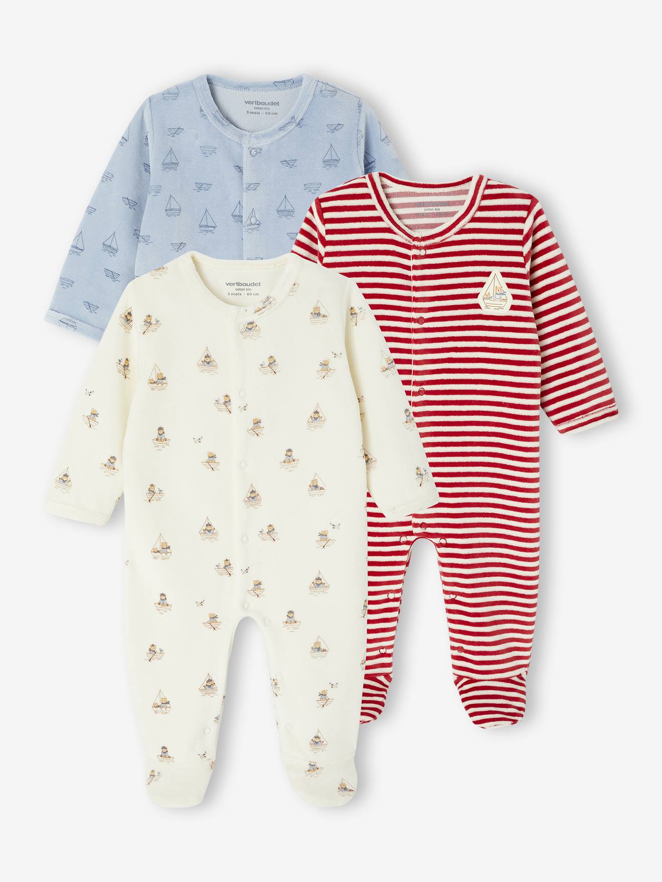 3er-Pack Baby Samt-Strampler mit Fuß