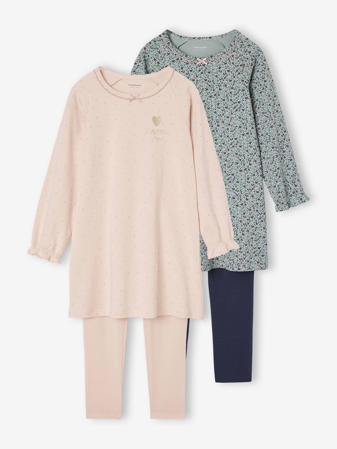 2er-Pack Mädchen Nachthemden mit Leggings, geblümt rosa Gr. 86 von vertbaudet