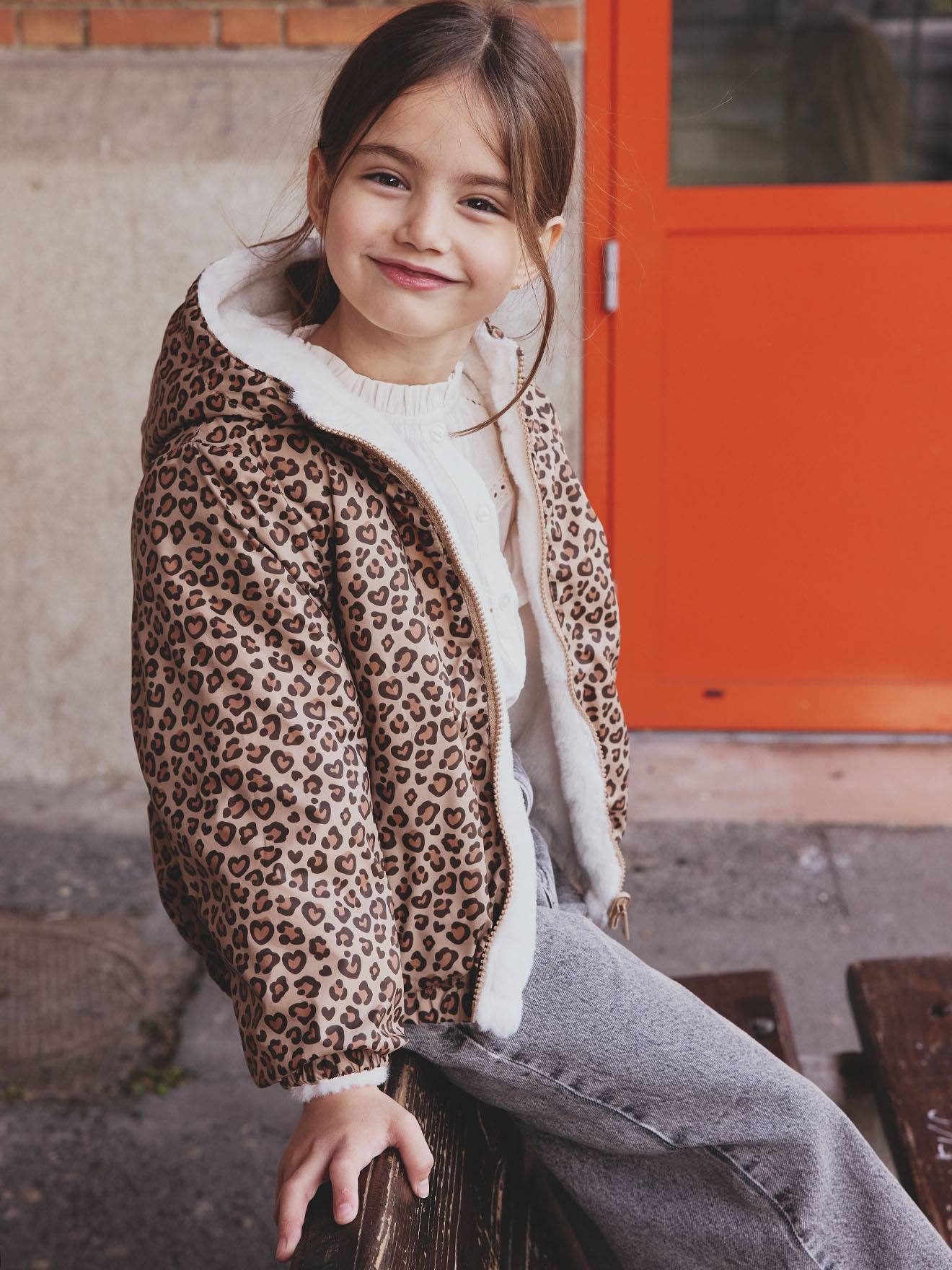 Wende-Übergangsjacke mit Kapuze Mädchen Leomuster
