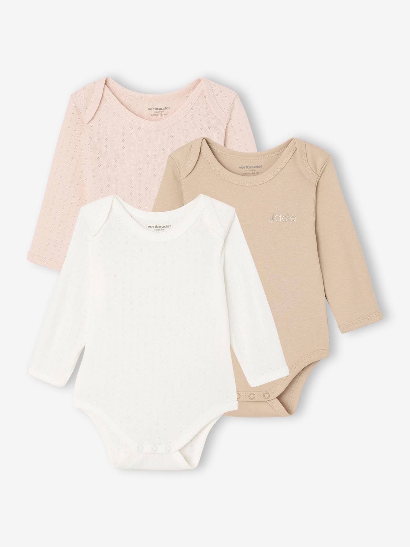 Bio-Kollektion: 3er-Pack Baby Bodys aus Interlock & Pointelle-Jersey wollweiß Gr. 80 von vertbaudet