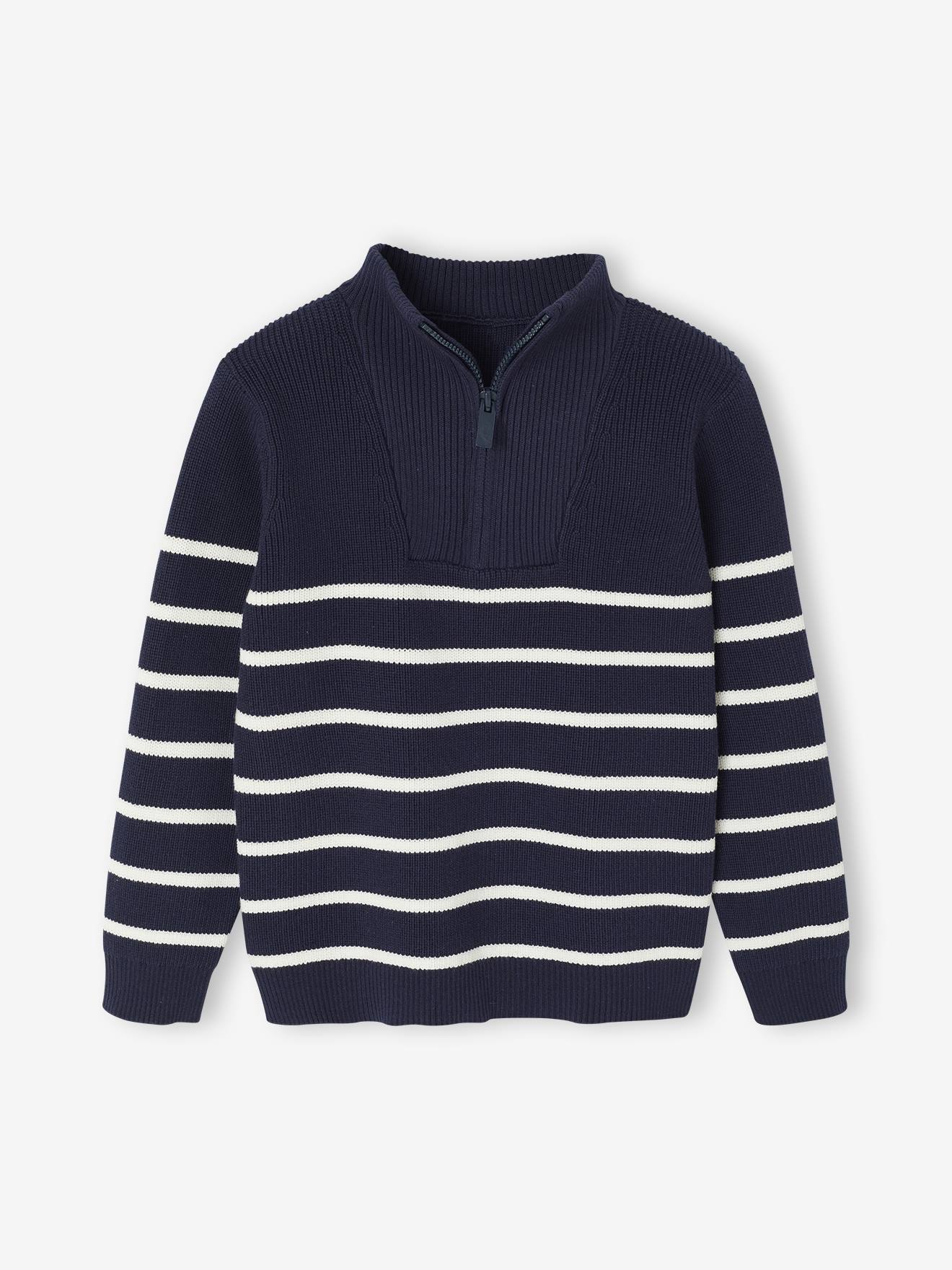 Gestreifter Strickpullover mit Reißverschluss-Kragen für Jungen