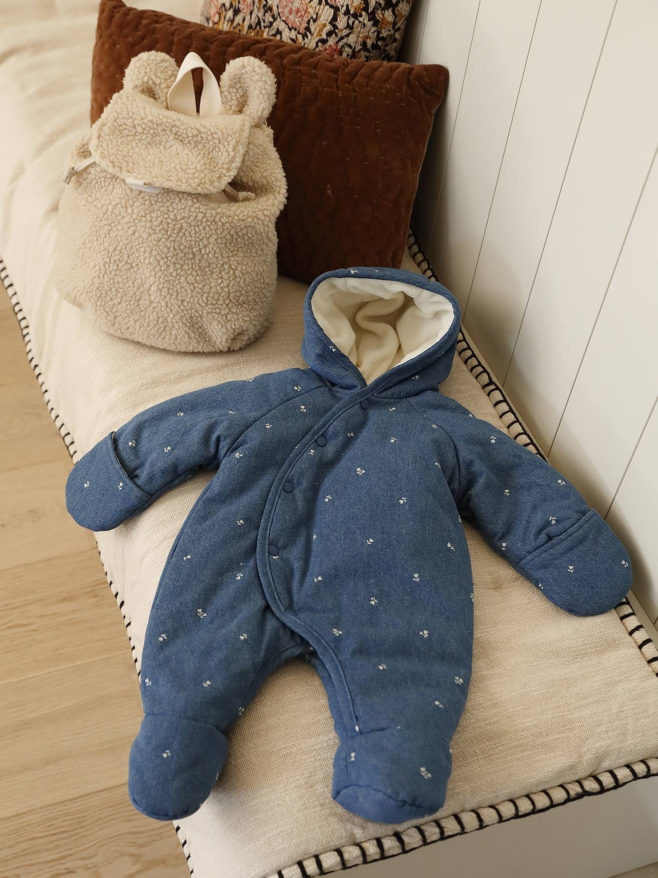 Thumbnail - Mädchen Baby Winter-Overall aus Denim mit Fuß und Recycling-Wattierung