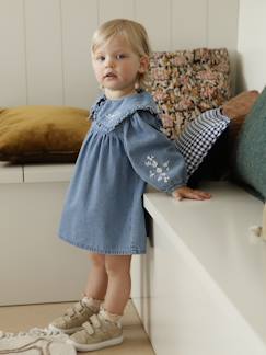 Babymode-Kleider & Röcke-Baby Jeanskleid mit Rüschenkragen und Blumenstickereien
